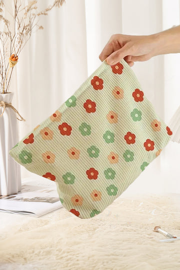 Clearly Aqua Flower Print Corduroy Zipper Makeup Storage Bag