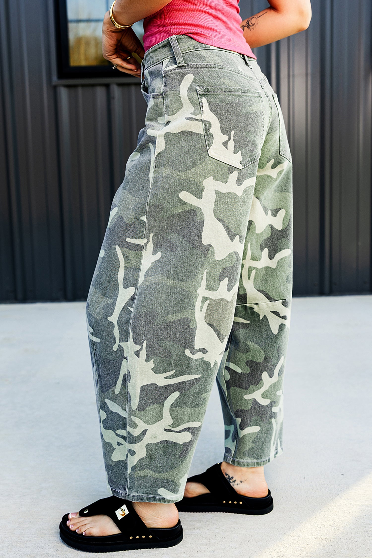 Green Camo Print Button Fly Straight Leg Ankle Length Jeans