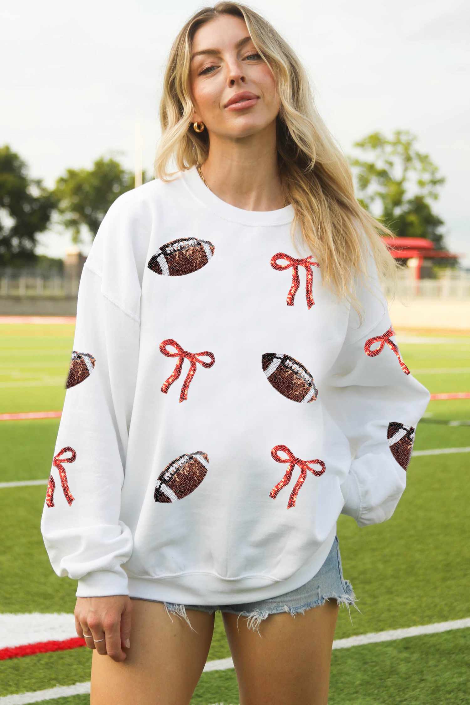 White Sequin Rugby Bow Graphic ODM Casual Pullover Sweatshirt