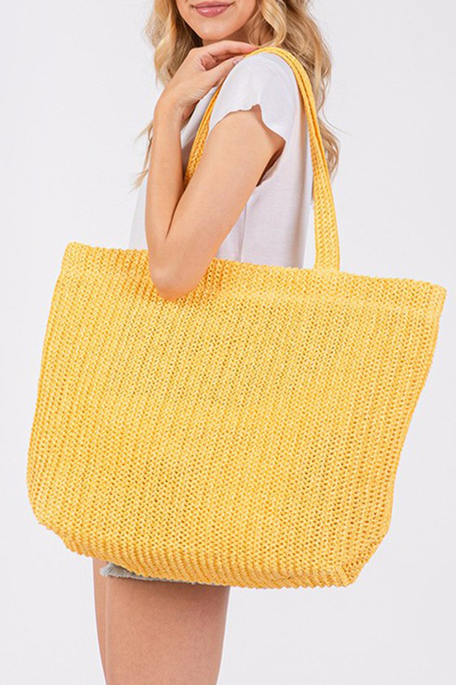 Ginger Solid Color Straw Woven Summer Beach Tote Bag