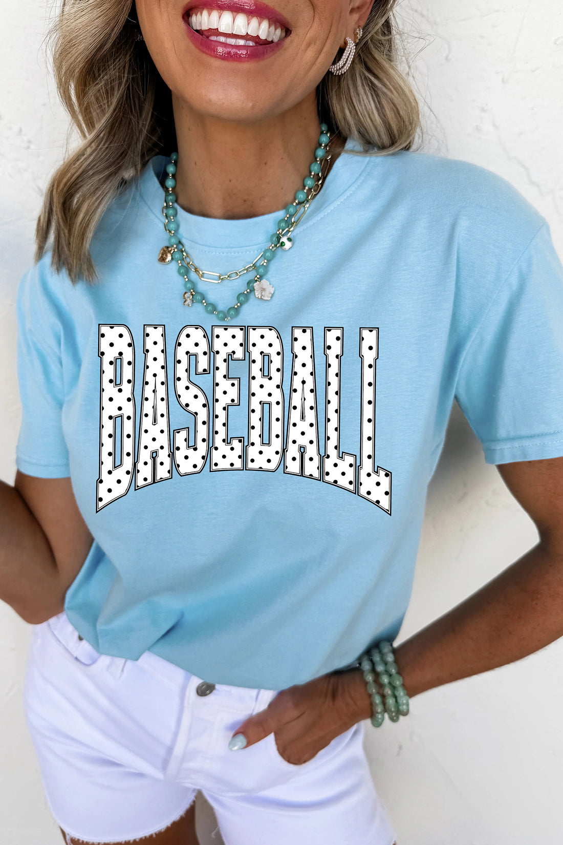 Light Blue BASEBALL Polka Dot Lettering Print T Shirt