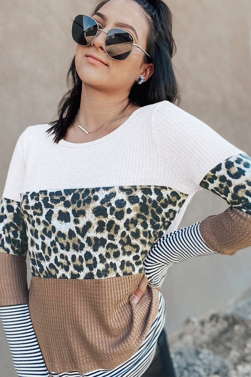 Brown Stripes Leopard Splicing Colorblock Long Sleeve Top
