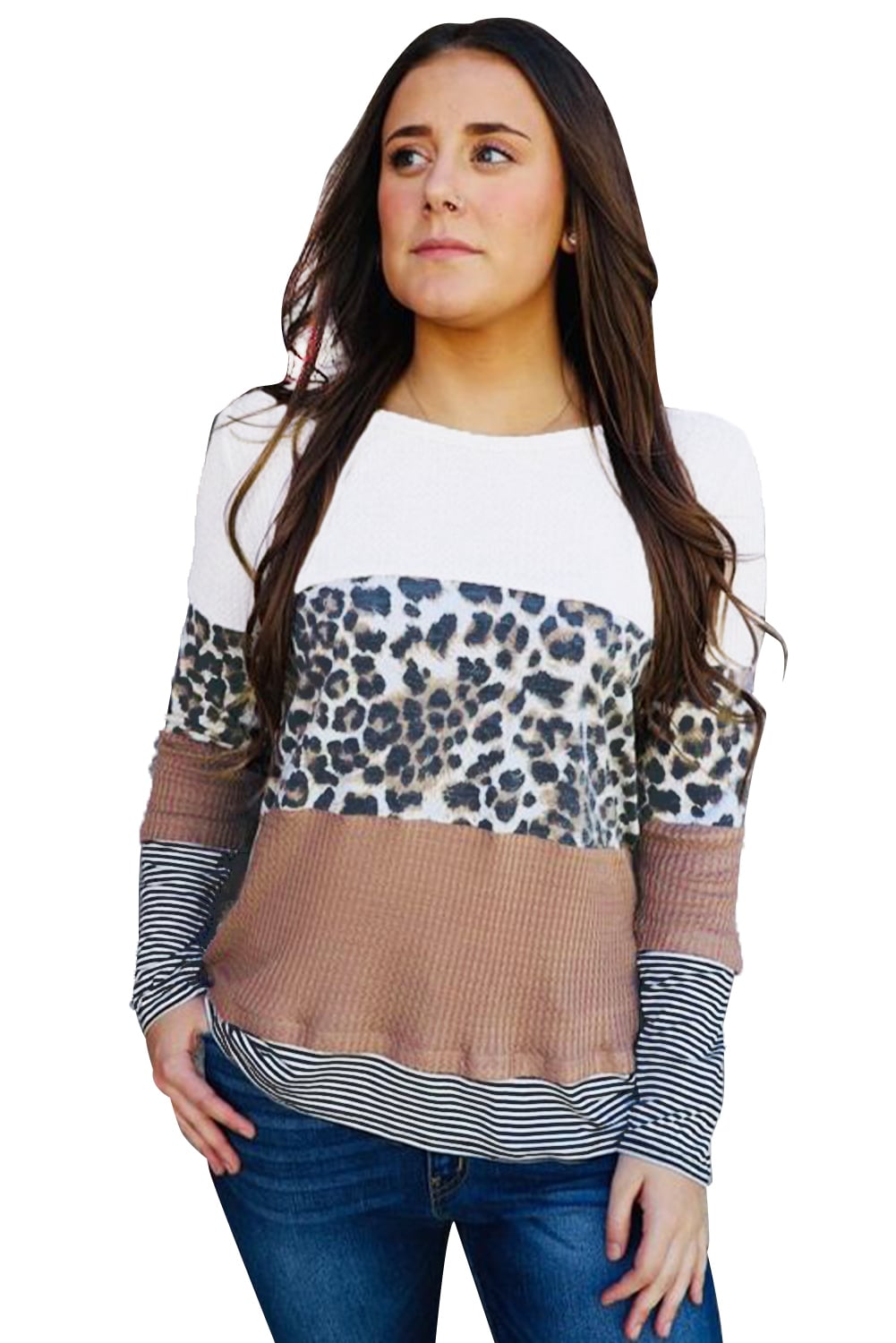 Brown Stripes Leopard Splicing Colorblock Long Sleeve Top