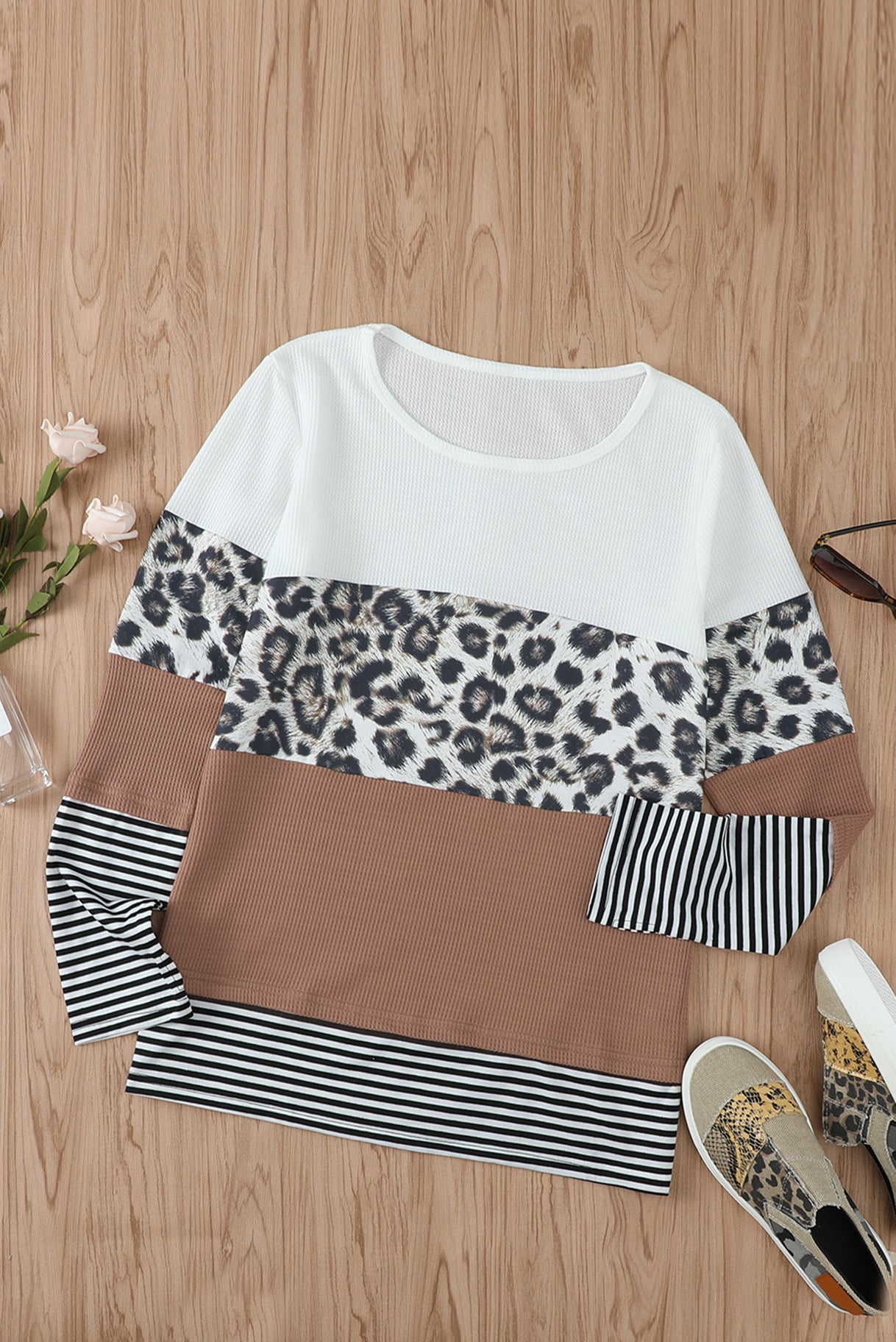Brown Stripes Leopard Splicing Colorblock Long Sleeve Top