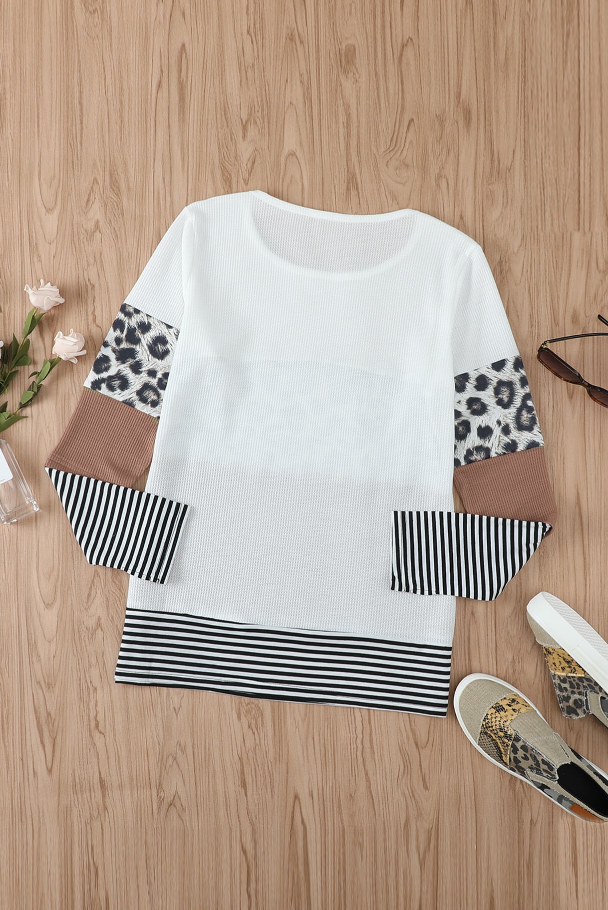 Brown Stripes Leopard Splicing Colorblock Long Sleeve Top