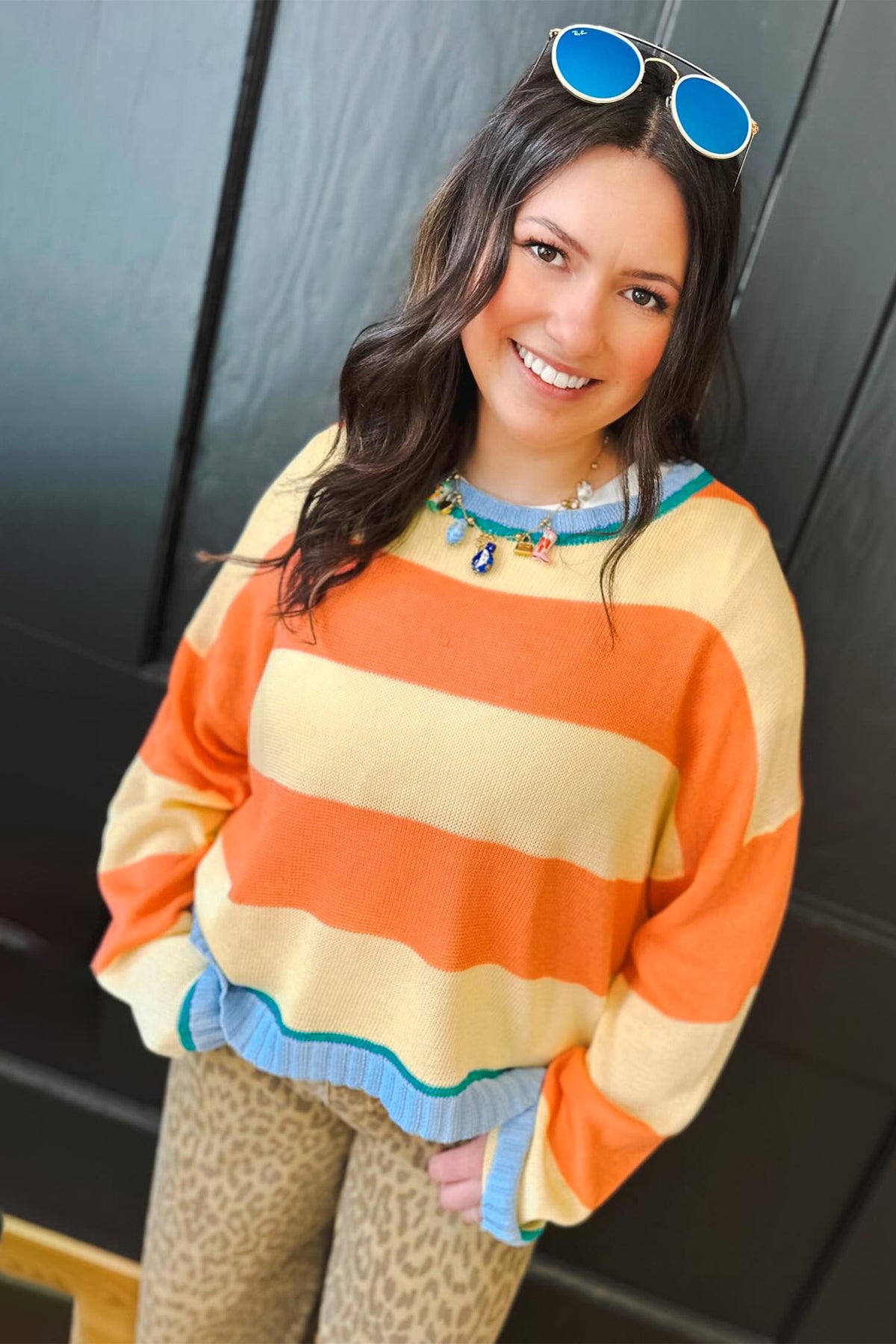 Yellow Stripe Striped Colorblock Round Neck Long Sleeve Oversized Plus Size Sweater