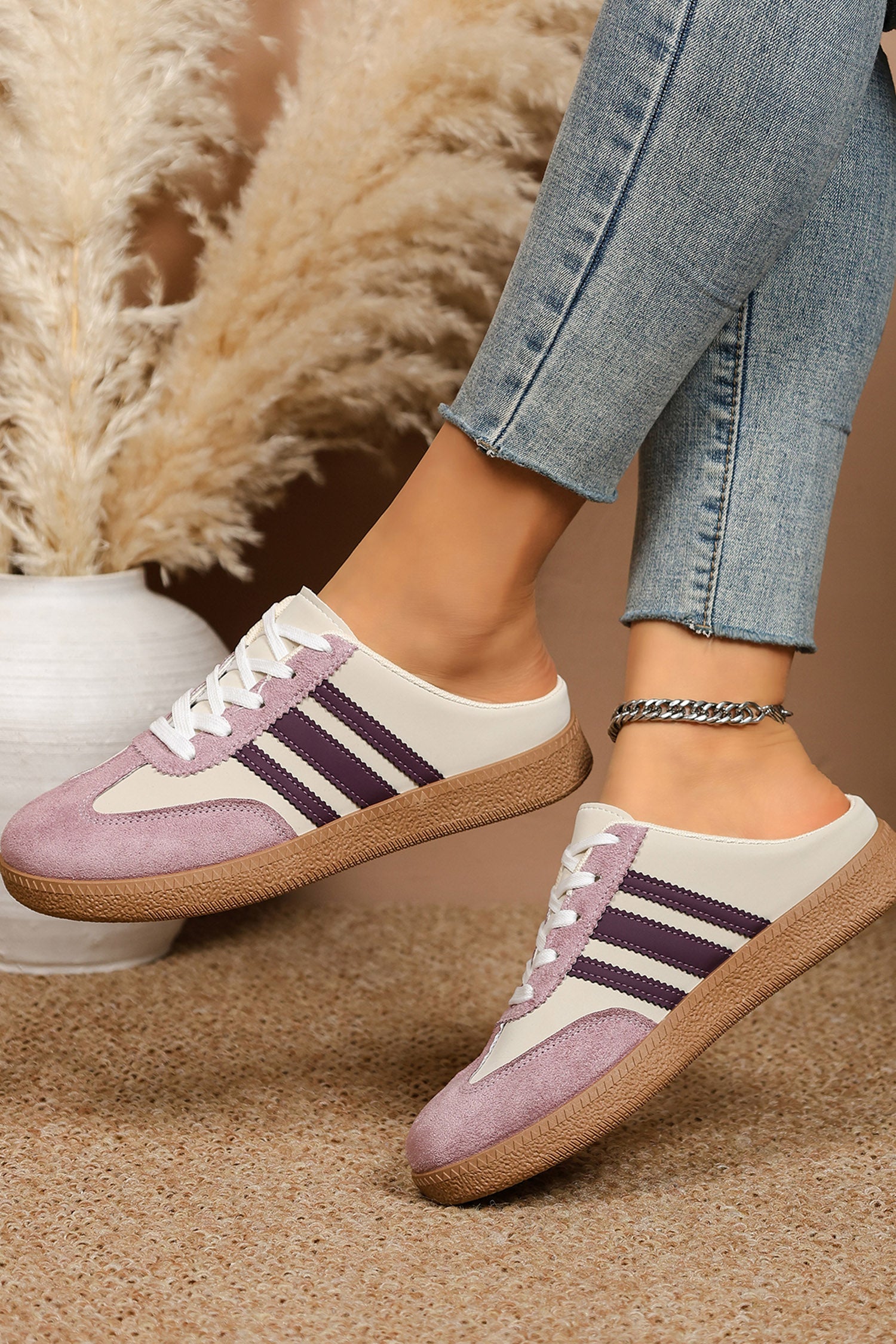 Tillandsia Purple PU Leather Color Block Varsity Lace Up Flat Shoes