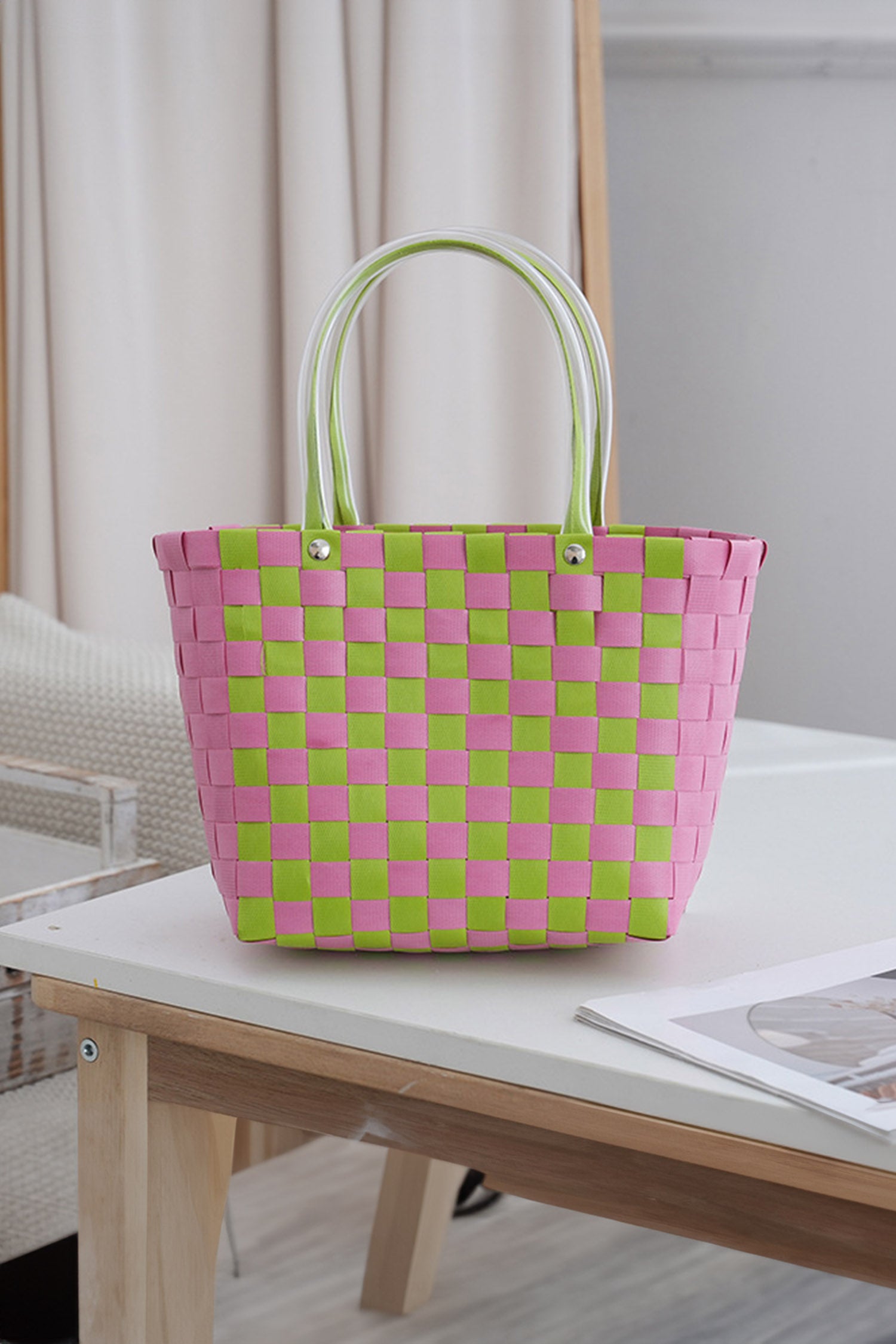 Bright Pink Checkered Straw Woven PU Handles Tote Bag