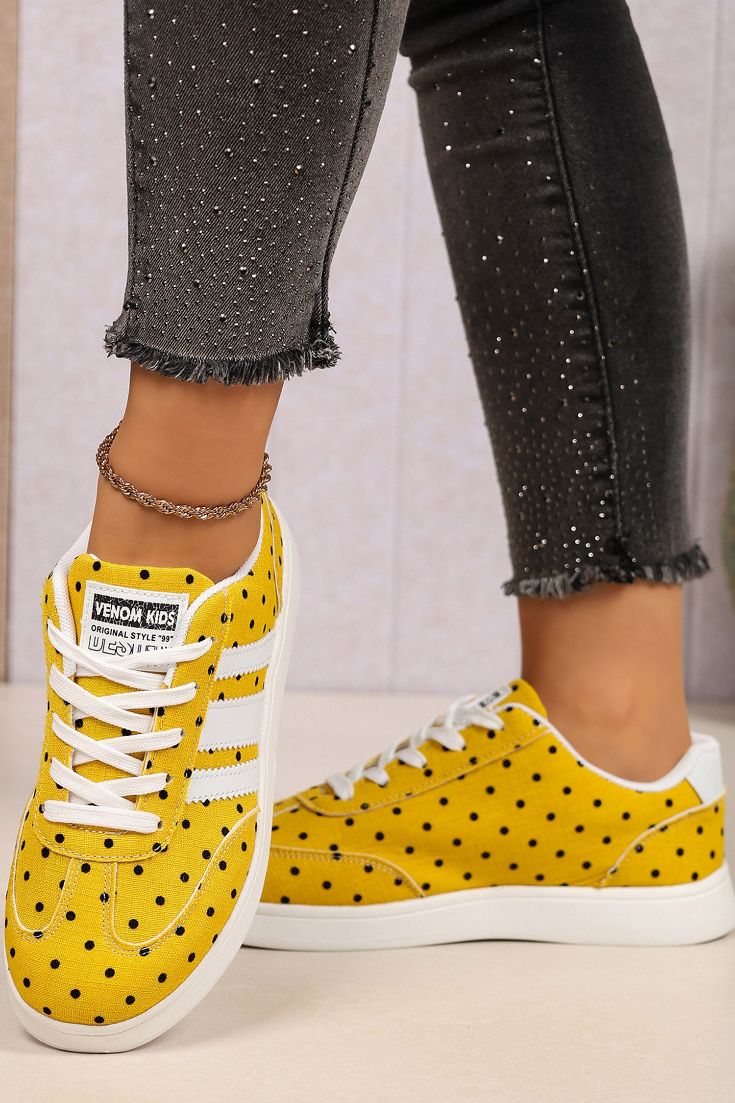 Ginger Polka Dot Print PU Leather Detail Lace Up Casual Shoes