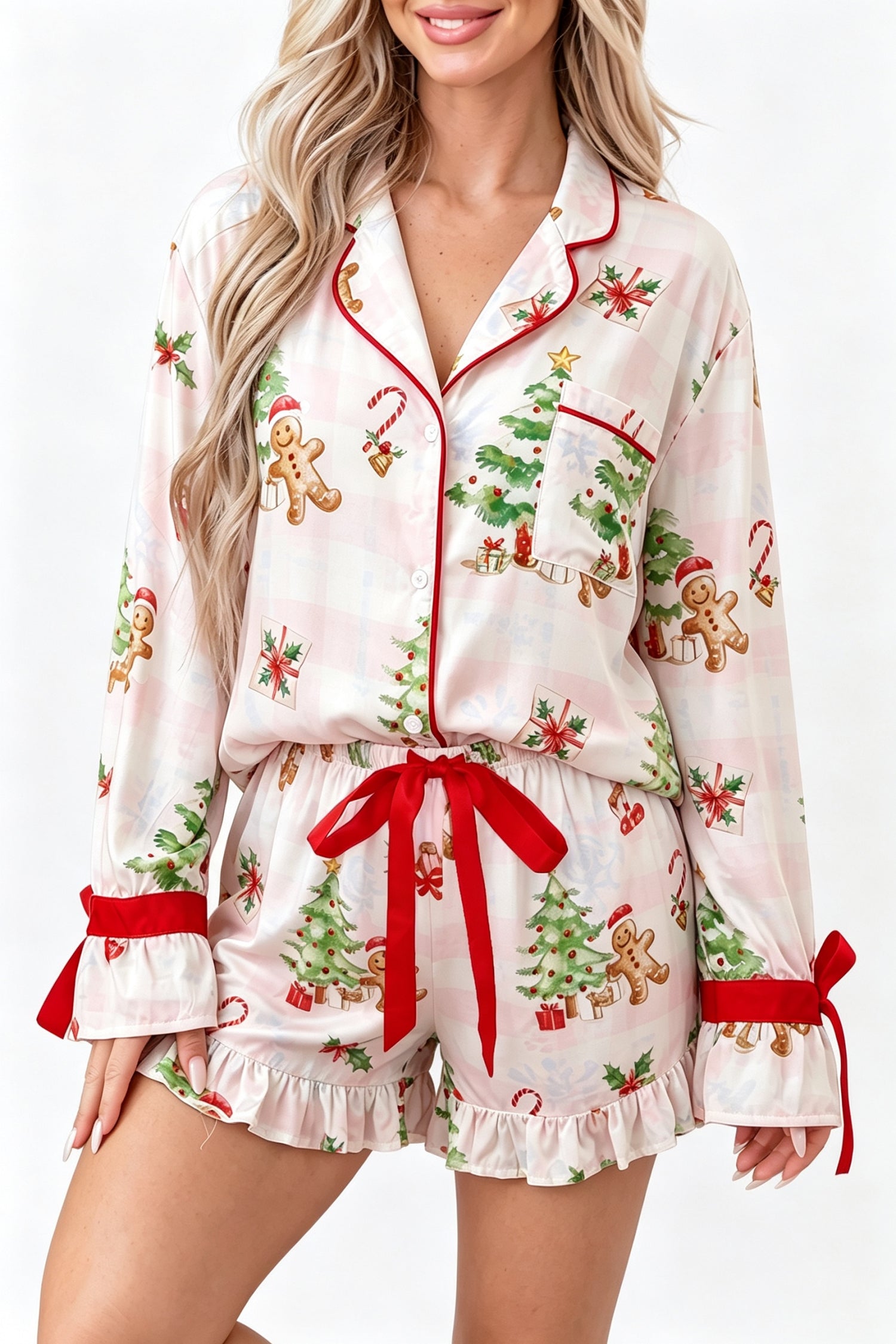 Pink Abstract Christmas Print Long Sleeve Two Piece Shift Lounge Set