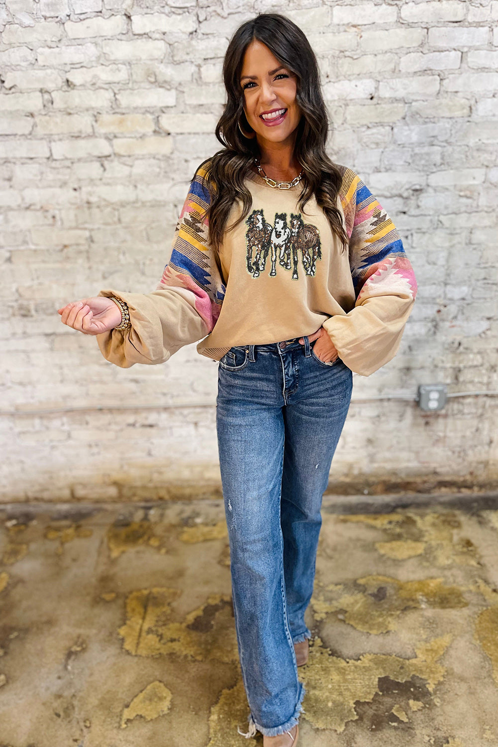 Light French Beige Sequined Western Horses Graphic Aztec Bubble Sleeve Western Fashion Sweatshirt