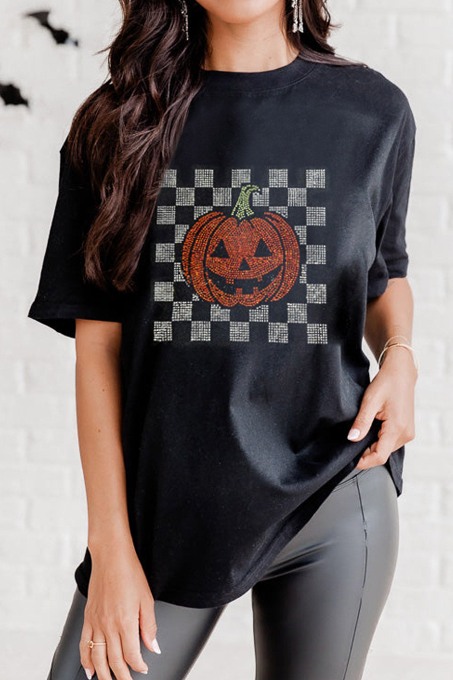 Black Rhinestone Pumpkin Halloween Graphic T-Shirt