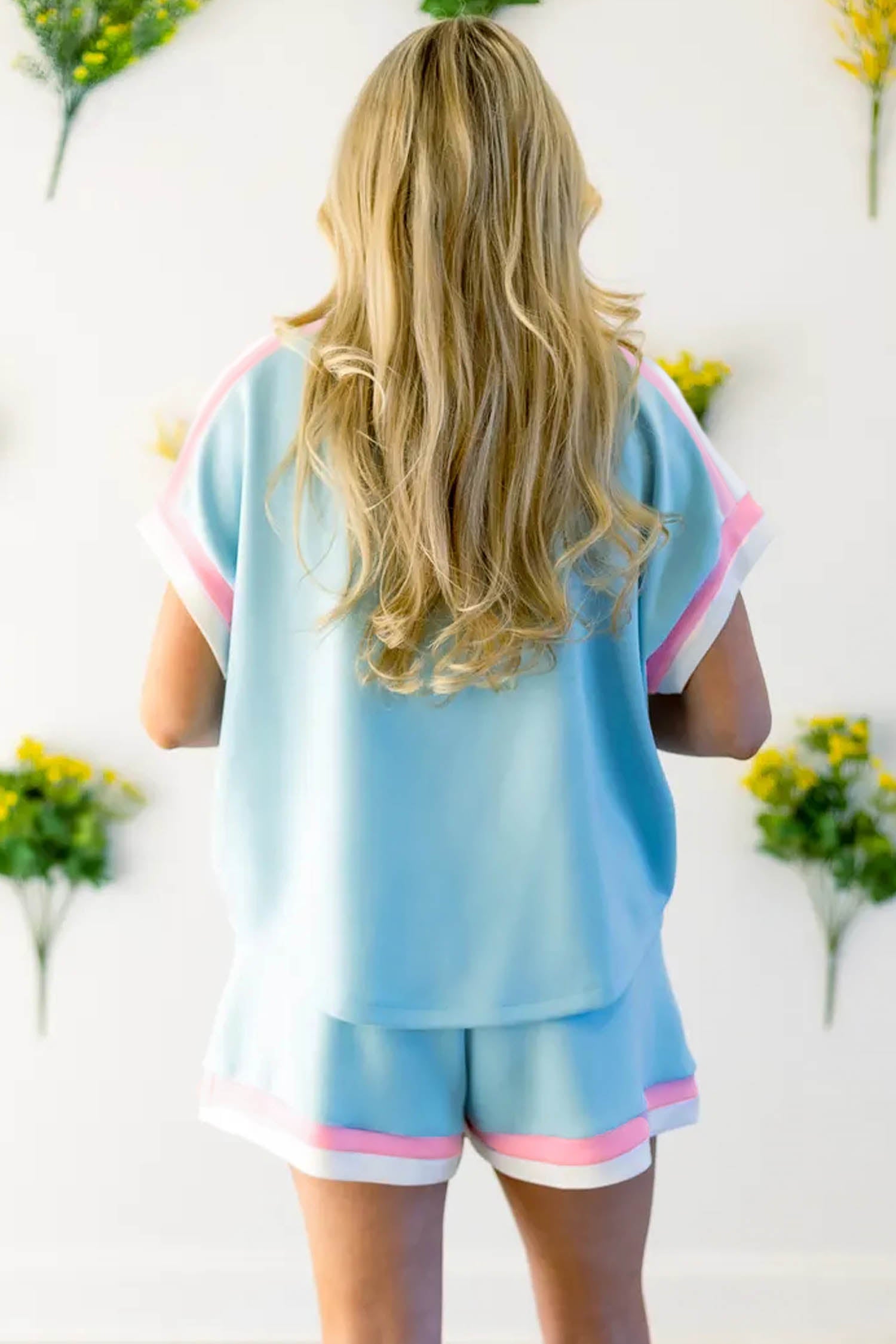 Mist Blue Color Block Trim Mixed Flag Pattern Short Two Piece Set