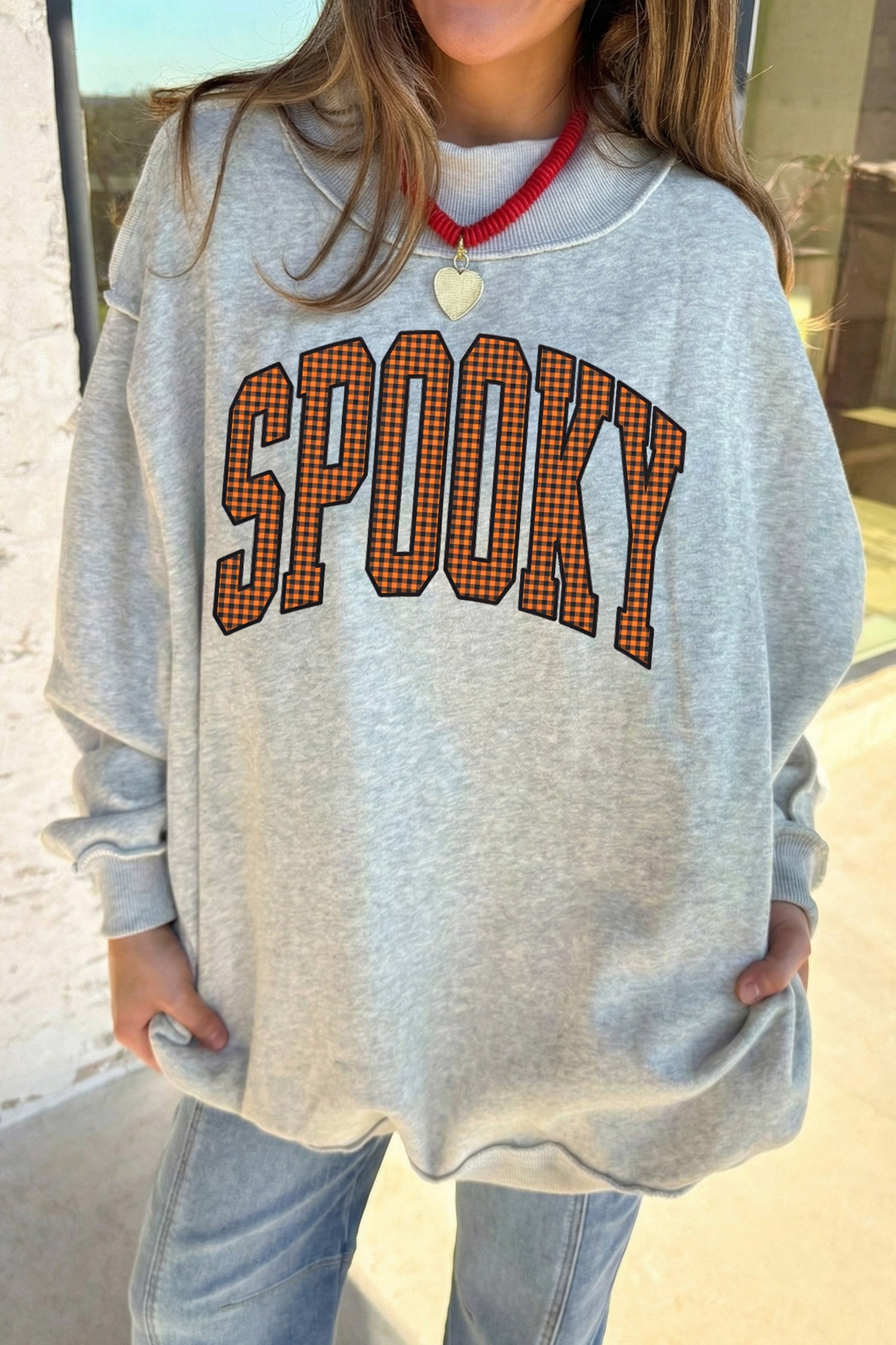 Light Grey Halloween Slogan Print Mock Neck Reversible Sweatshirt
