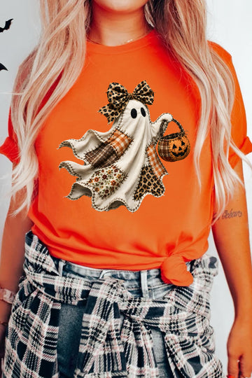 Orange Leopard Bow Halloween Ghost Printed T Shirt