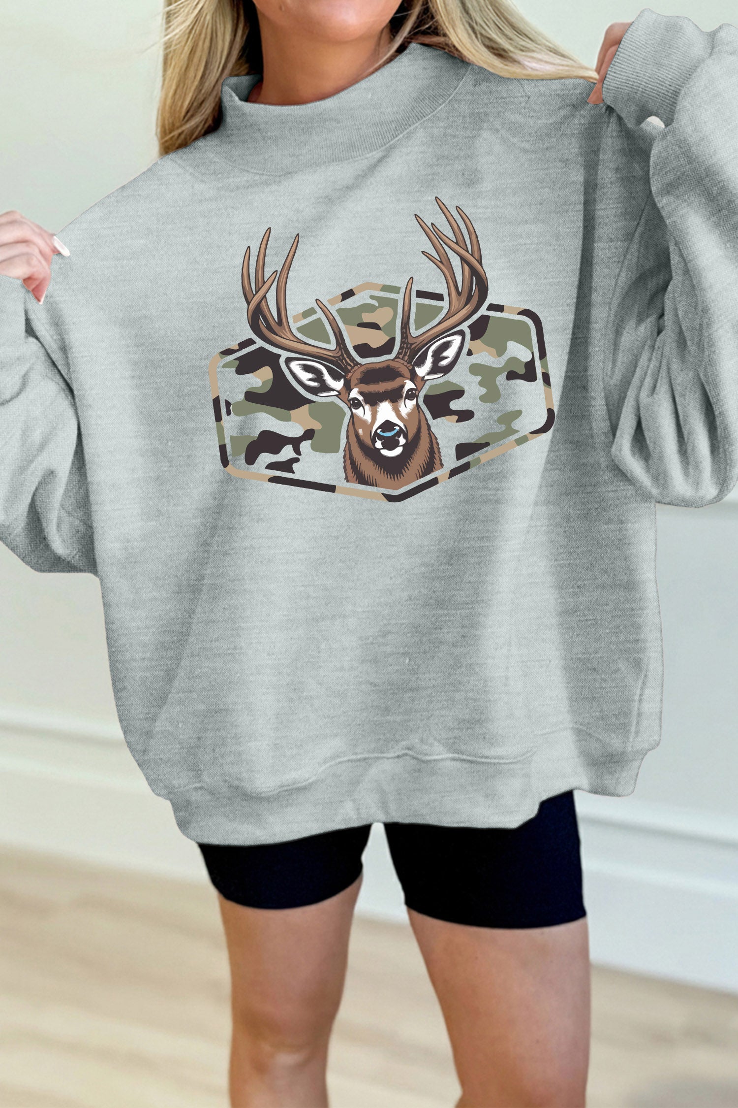 Gray Oversize Camouflage Reindeer Print Mock Neck Sweatshirt