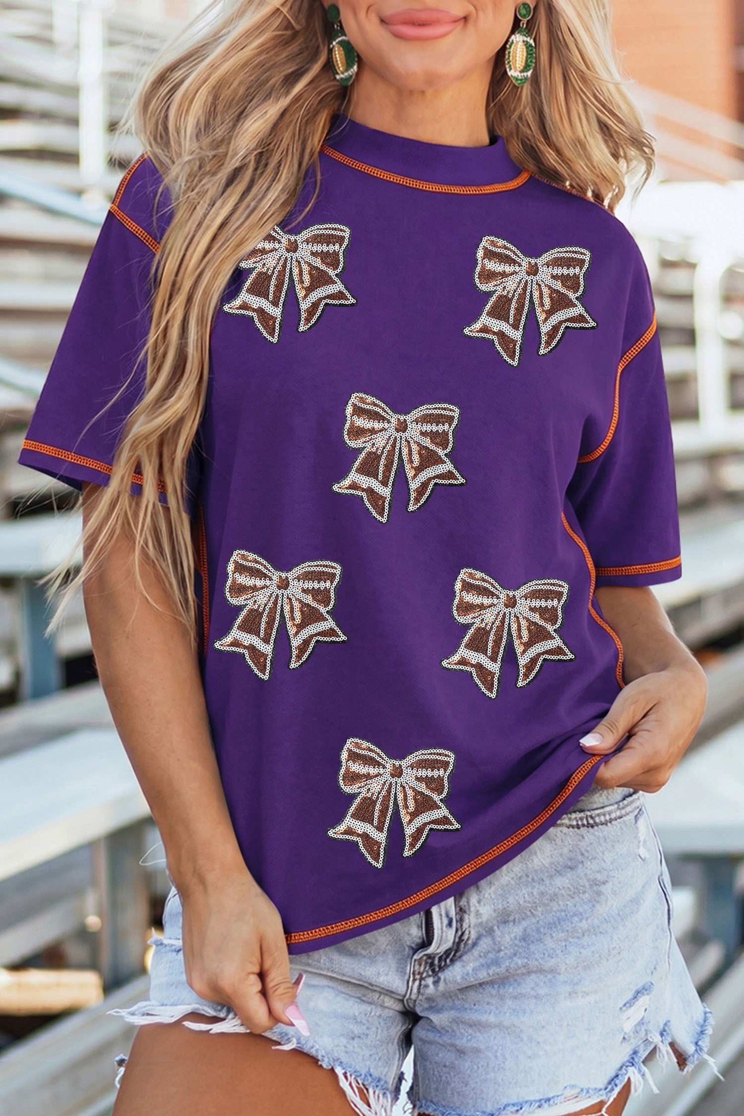 Tillandsia Purple Contrast Stitched Detail Sequin Bow Game Day T Shirt