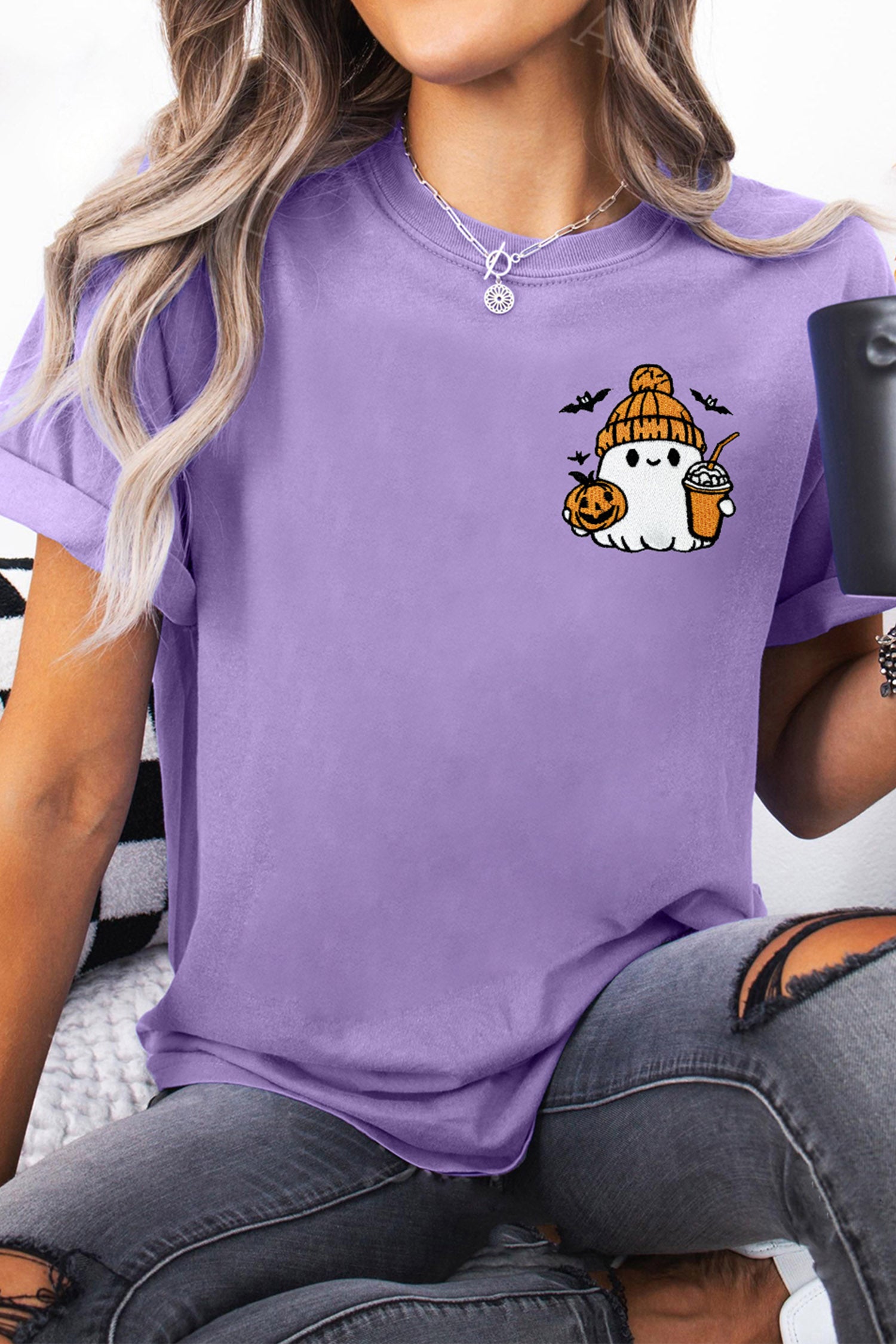 Wisteria Embroidered Halloween Ghost Cuffed Short Sleeve Graphic T-Shirt