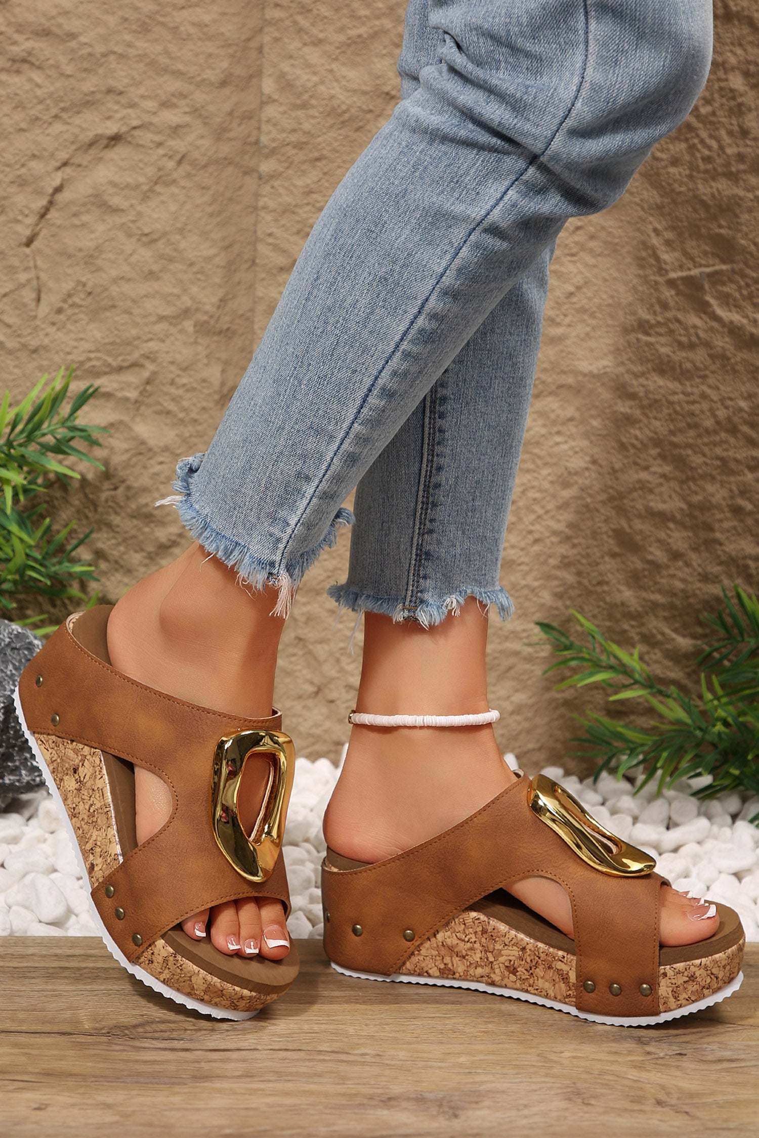 Chestnut Retro Suede Cutout Gold Buckle Detail Platform Wedge Slippers