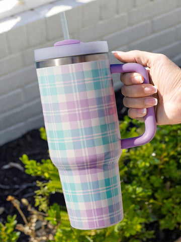 Orchid Petal Plaid Print Handle Large Vacuum Cup 40oz