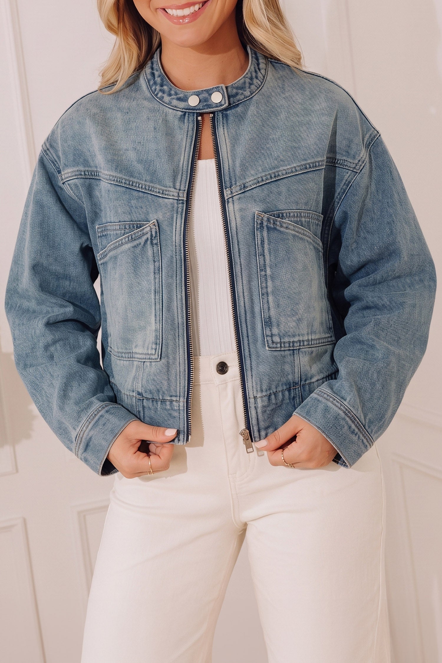 Beau Blue Vintage Wash Zip Up Button Tab Round Neck Denim Jacket