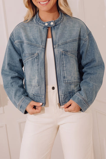 Beau Blue Vintage Wash Zip Up Button Tab Round Neck Denim Jacket