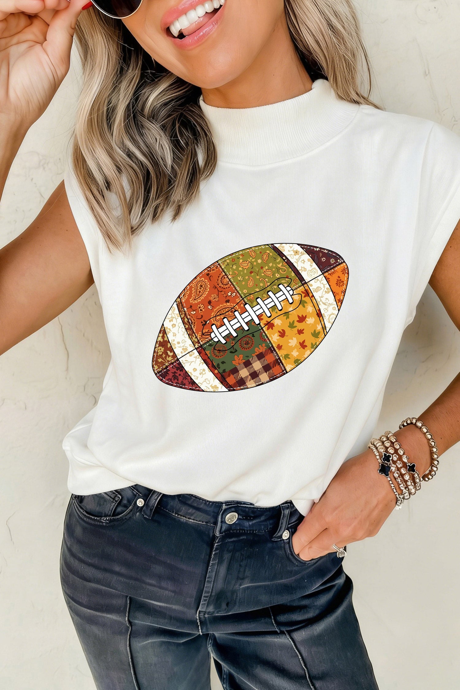 White Patchwork Rugby Print High Neck Cap Sleeve Game Day Top