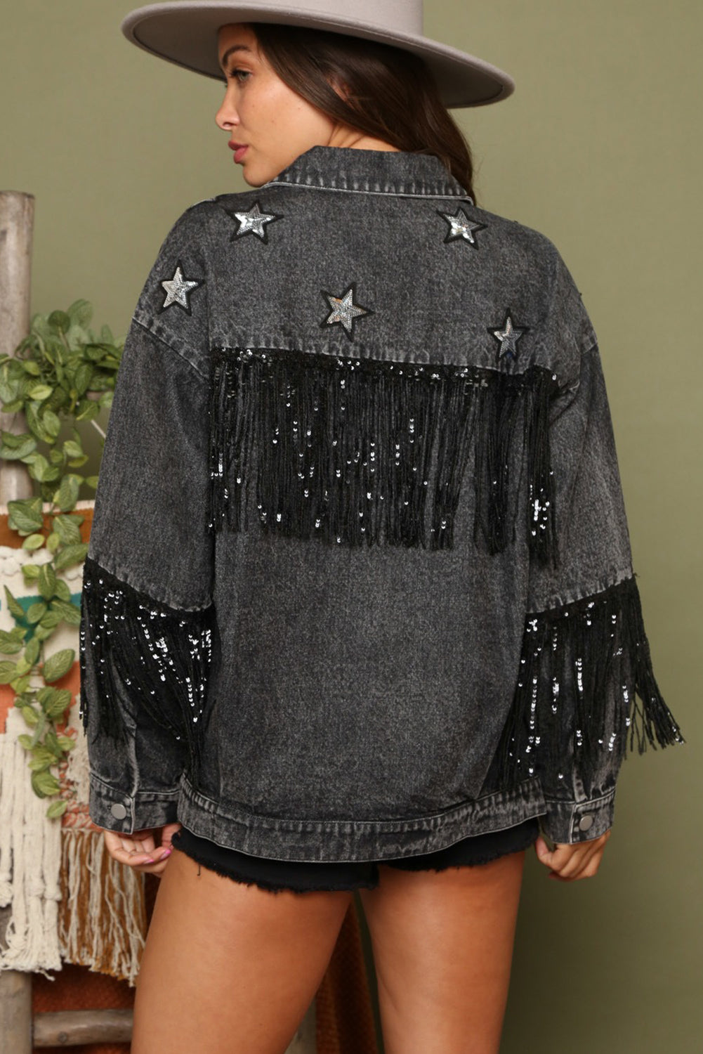 Black Glitter Star Patch Sequin Fringe Detail Button Down Denim Jacket
