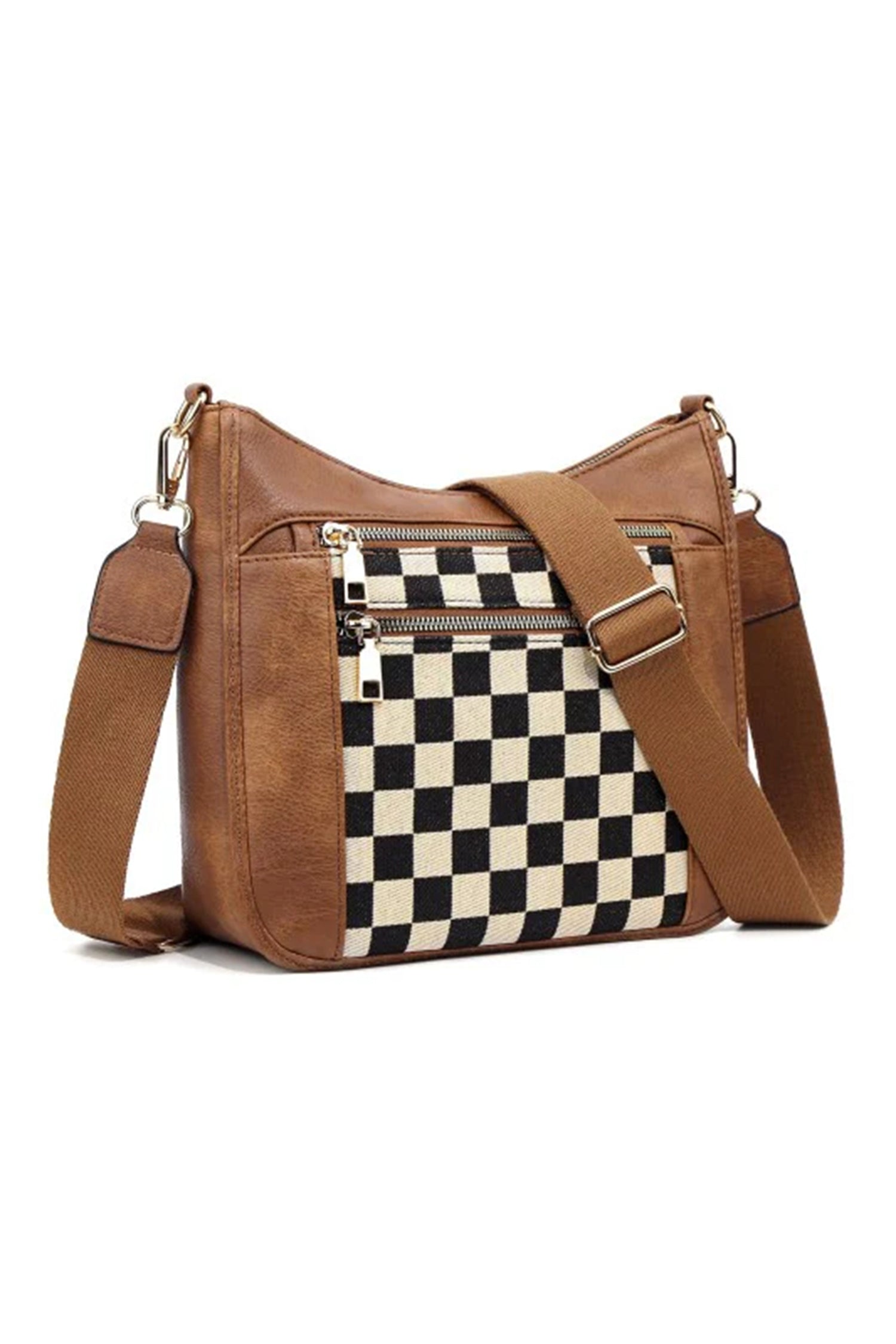 Chestnut Checkered Patchwork Single Shoulder PU Leather Bag