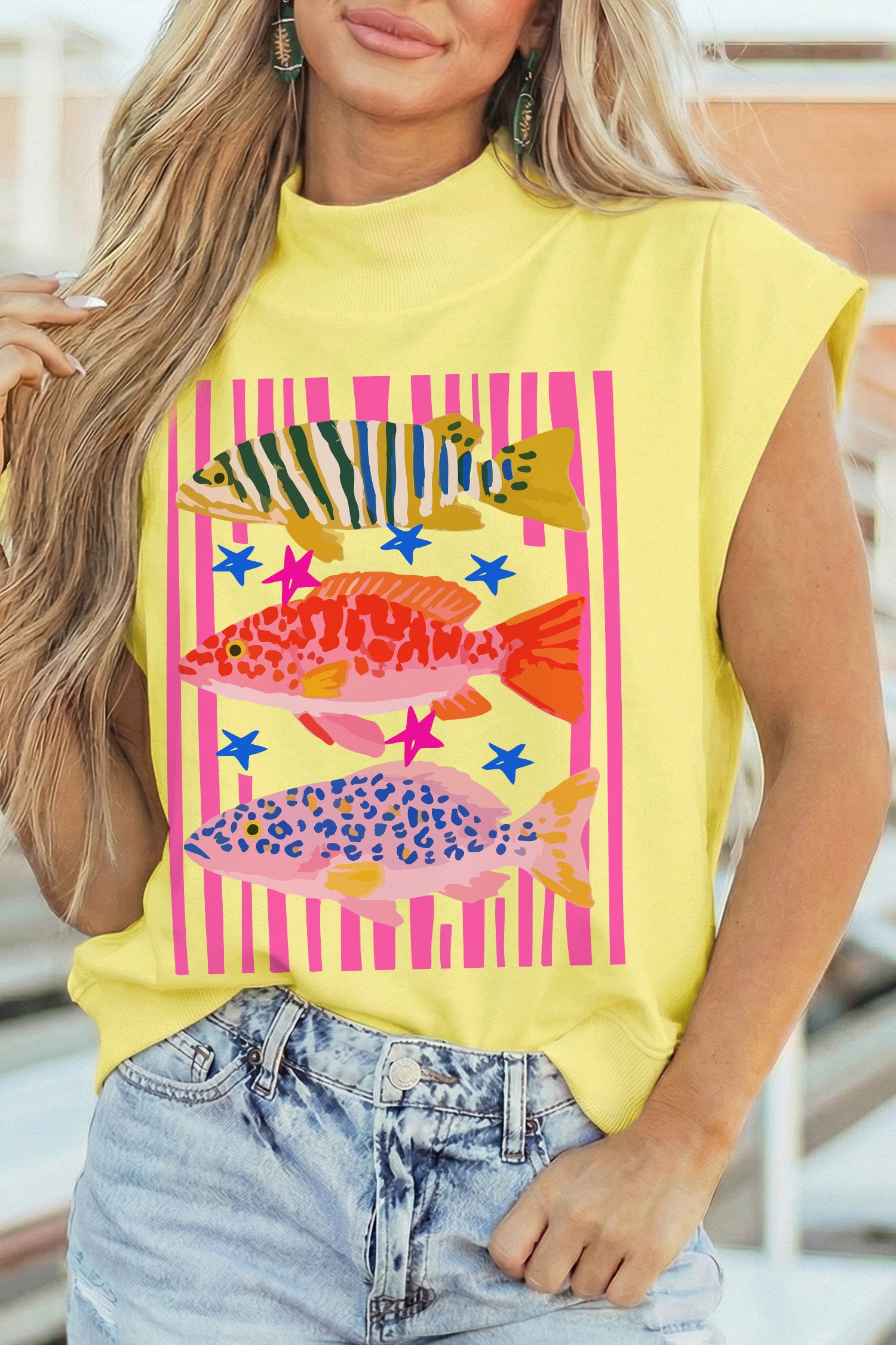 Yellow Vibrant Fishes Striped Pattern High Neck Short Sleeve Top