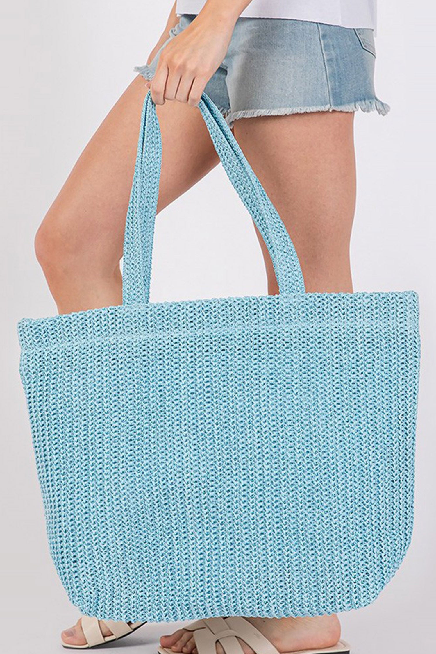 Light Blue Solid Color Straw Woven Summer Beach Tote Bag