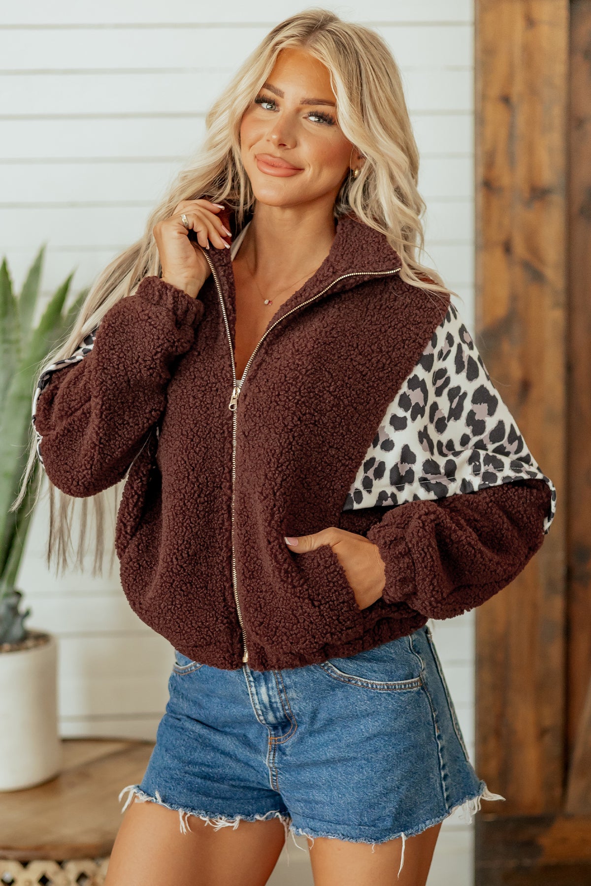 Coffee Leopard Patchwork Fleece Western Style Zip-up Collar Jacket