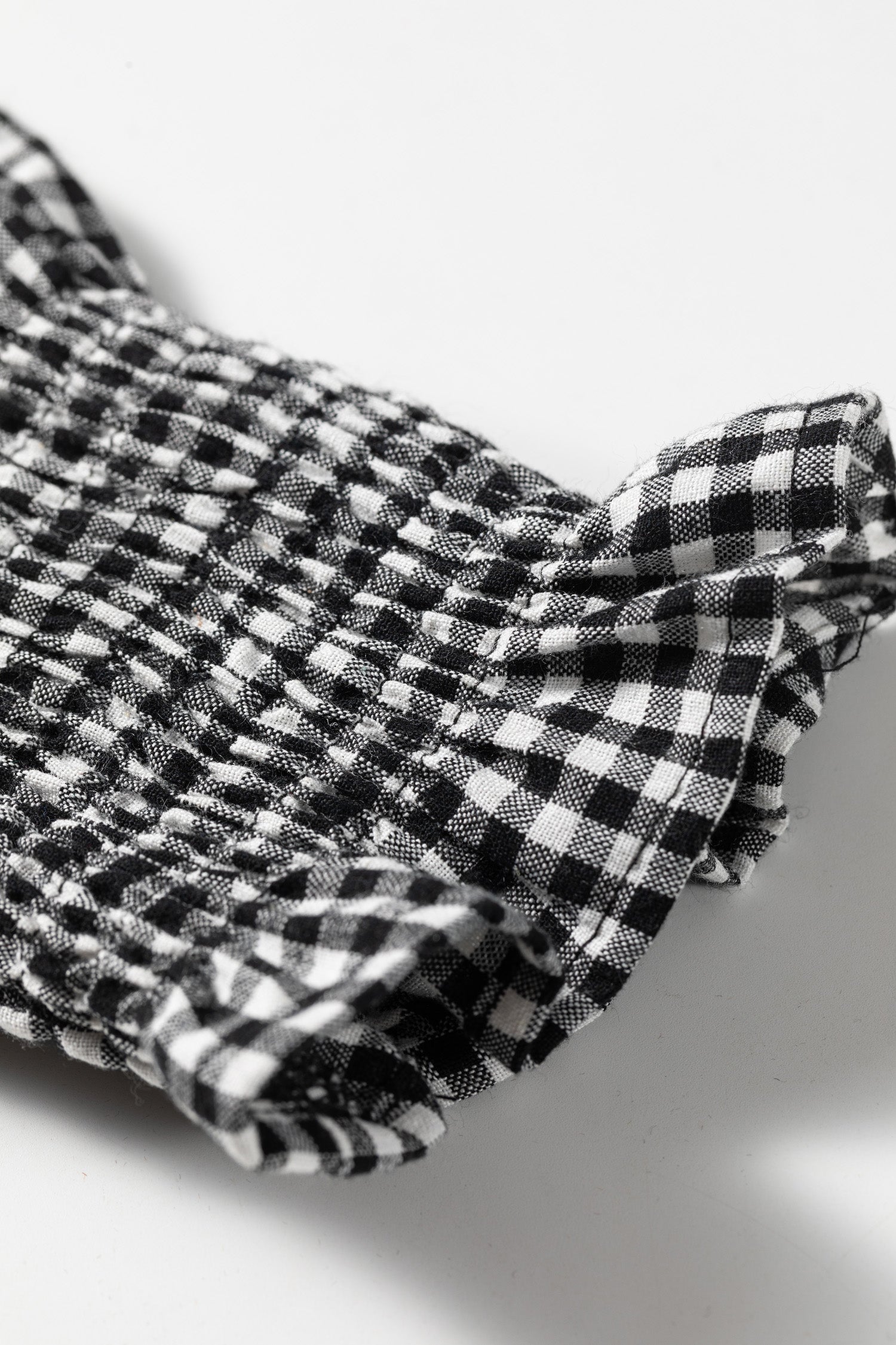 Black Plaid Shirred Cuff Long Sleeve Round Neck Blouse