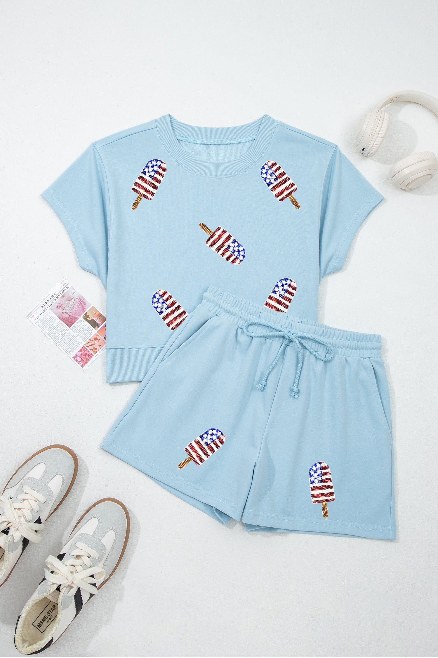Mist Blue Patriotic Sequin Popsicle Print Two Piece Set Casual Shorts Outfit