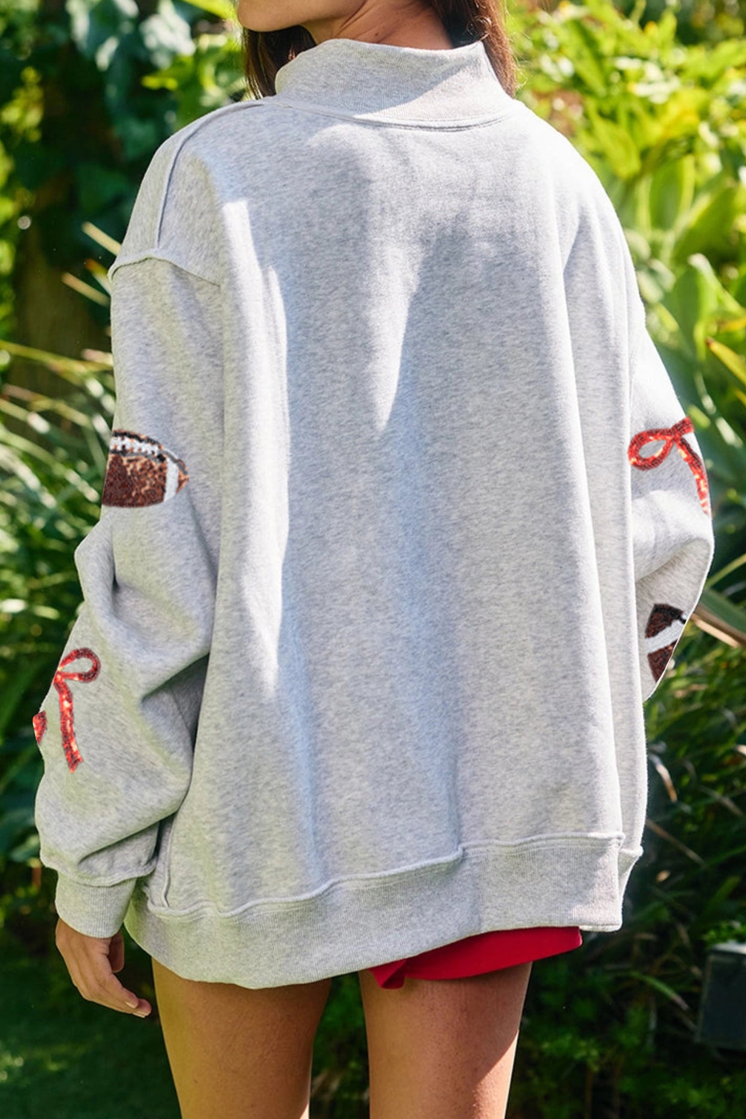 Light Grey Sequin Rugby Bow Graphic Mock Neck Relaxed Pullover Sweatshirt