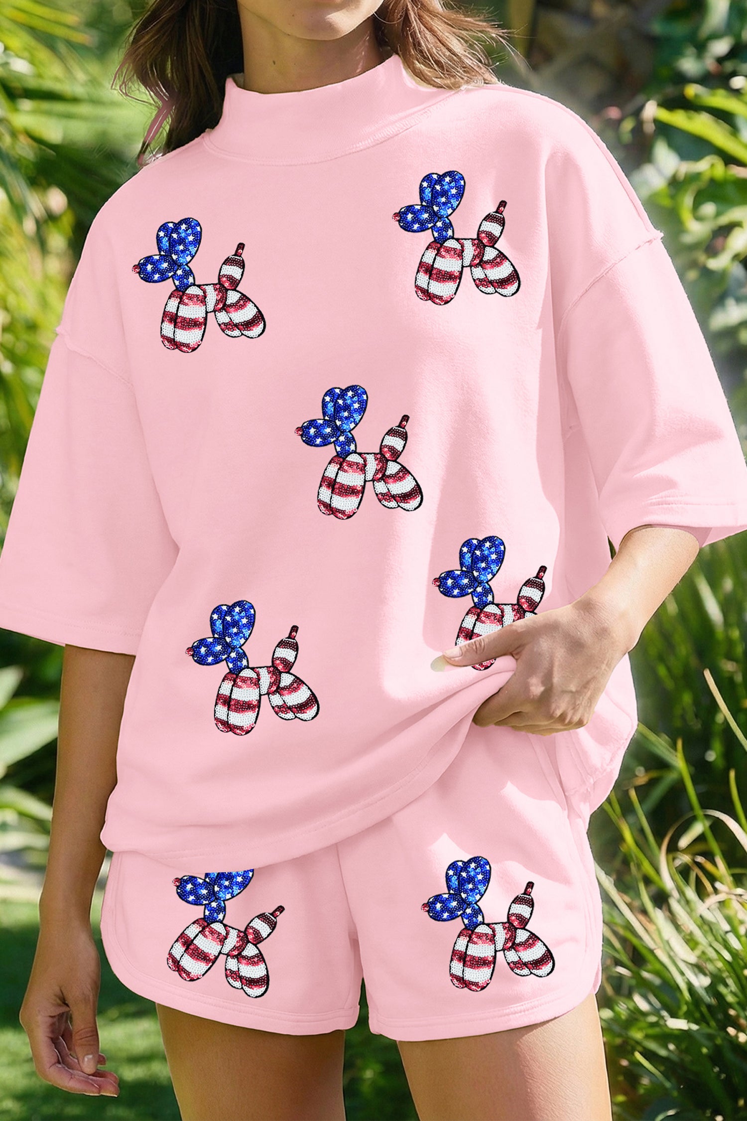 Light Pink Sequin American Flag Balloon Dog Print Mock Neck Short Sleeve Top and Shorts Set