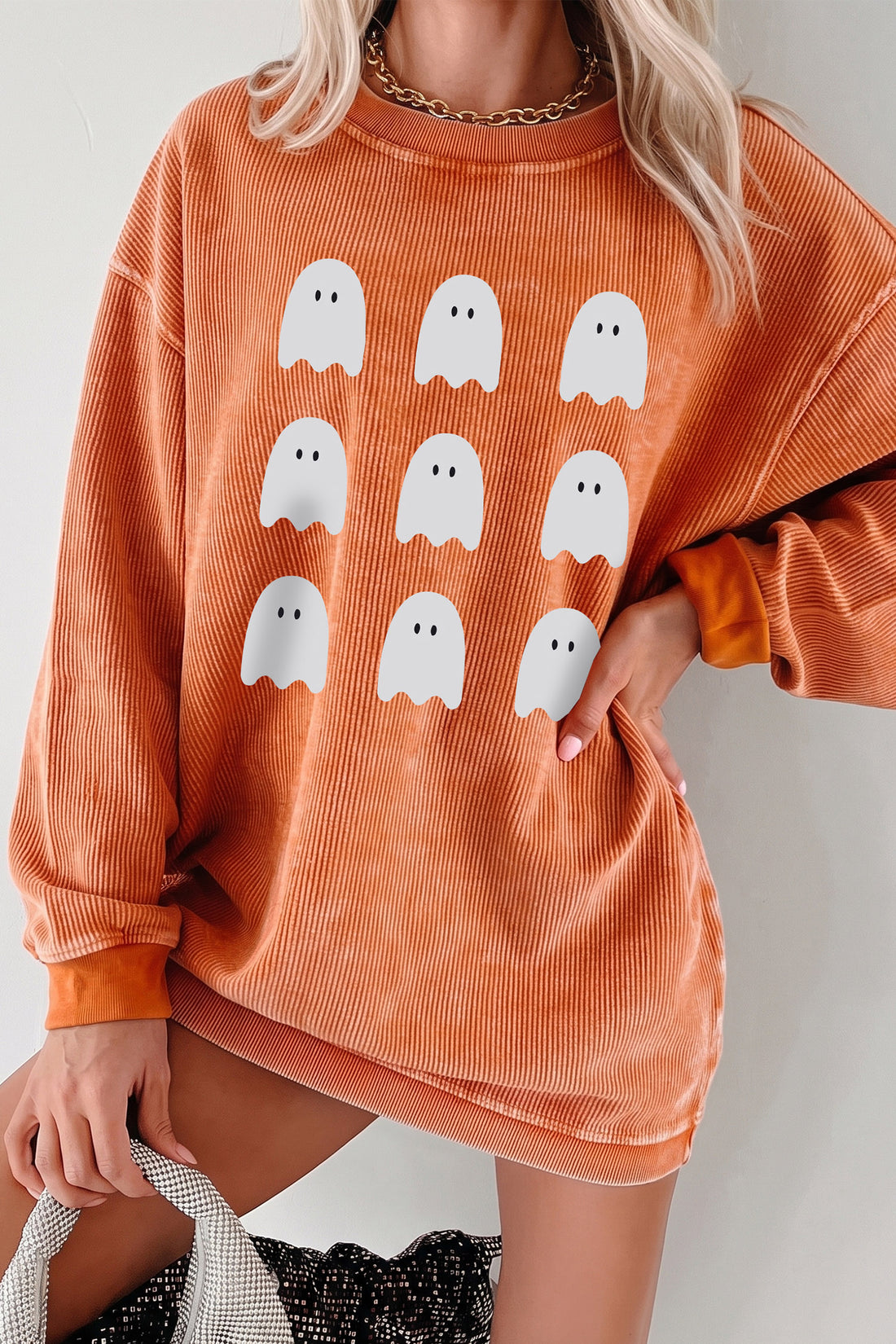 Orange Corded Round Neck Ghost Print Halloween Pullover Sweatshirt