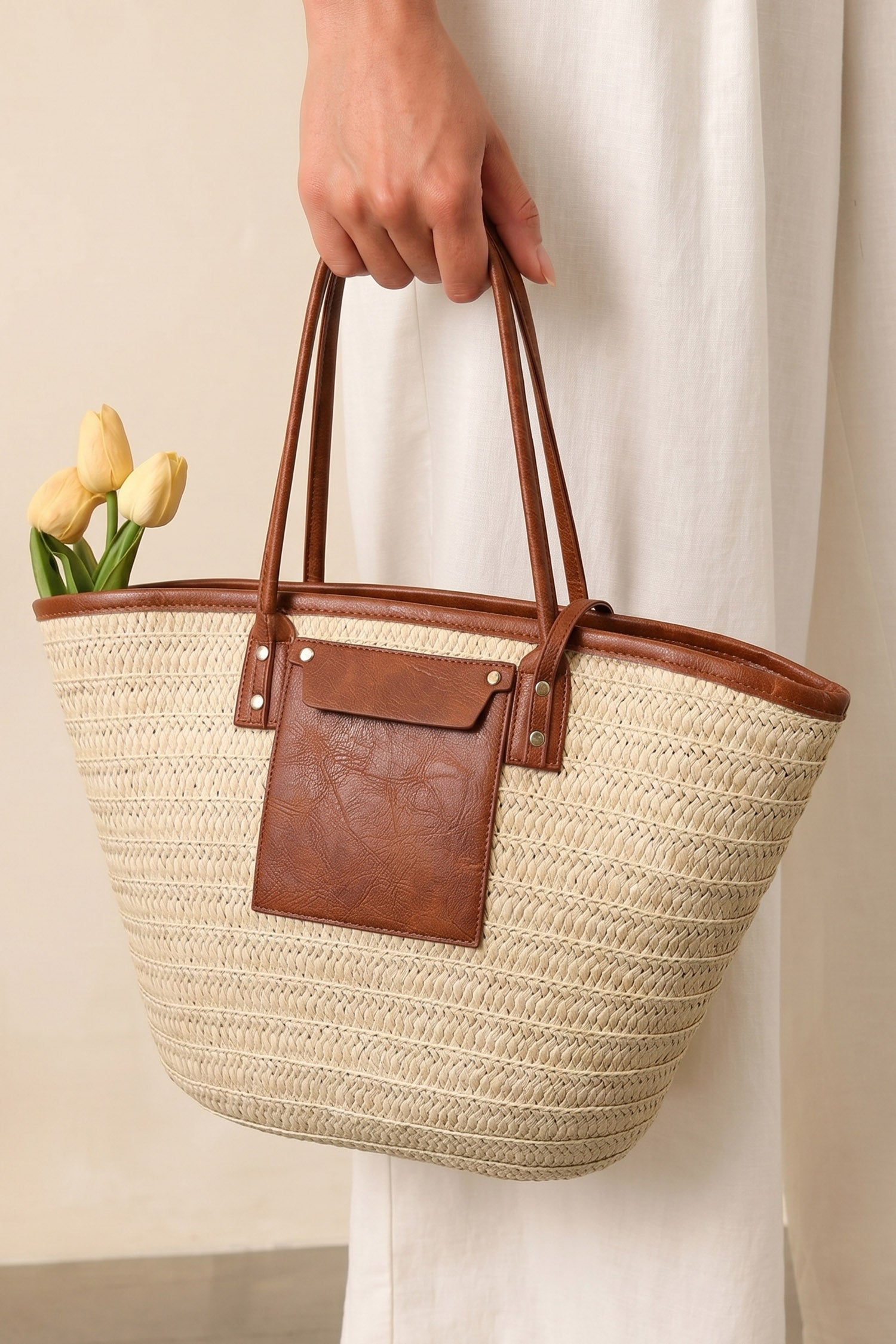 White Boho Straw Leather Accents Beach Travel Tote Bag