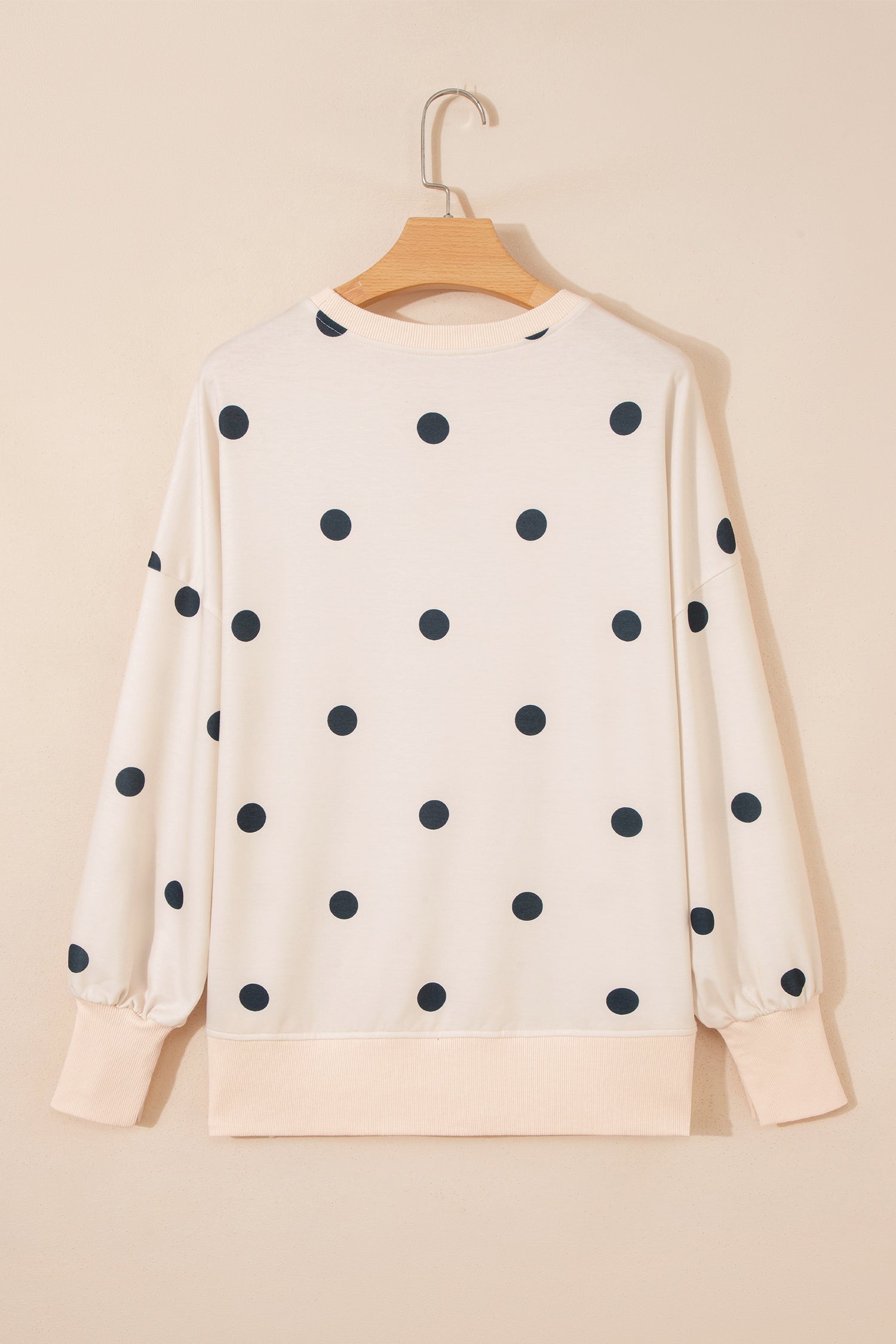 Beige Polka Dot Loose Long Sleeve Split Hem Pullover Top