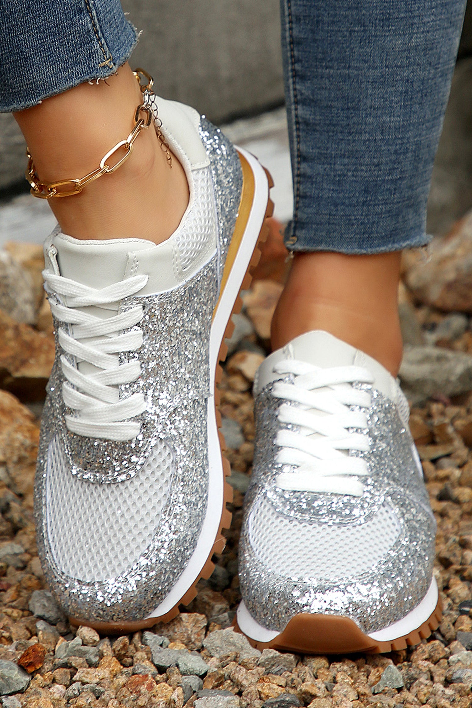 Silvery Sequin Mesh Patchwork Lace Up Sneakers