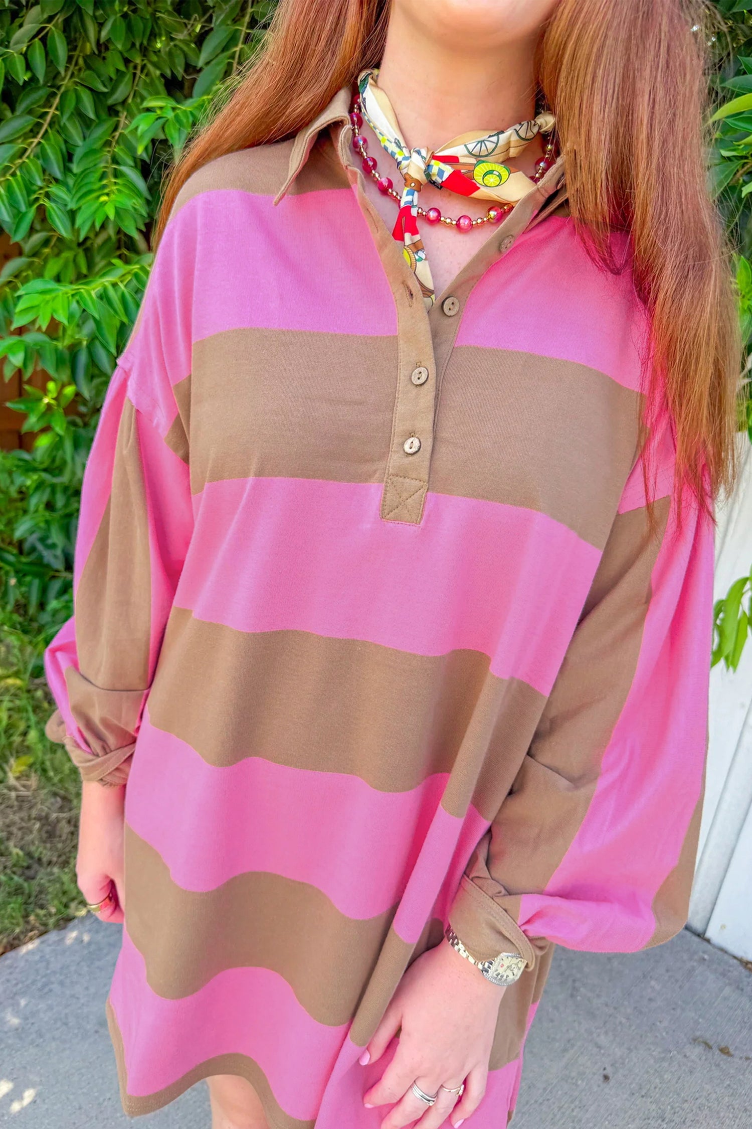 Rose Stripe Striped Button Long Sleeve Short Shift Dress