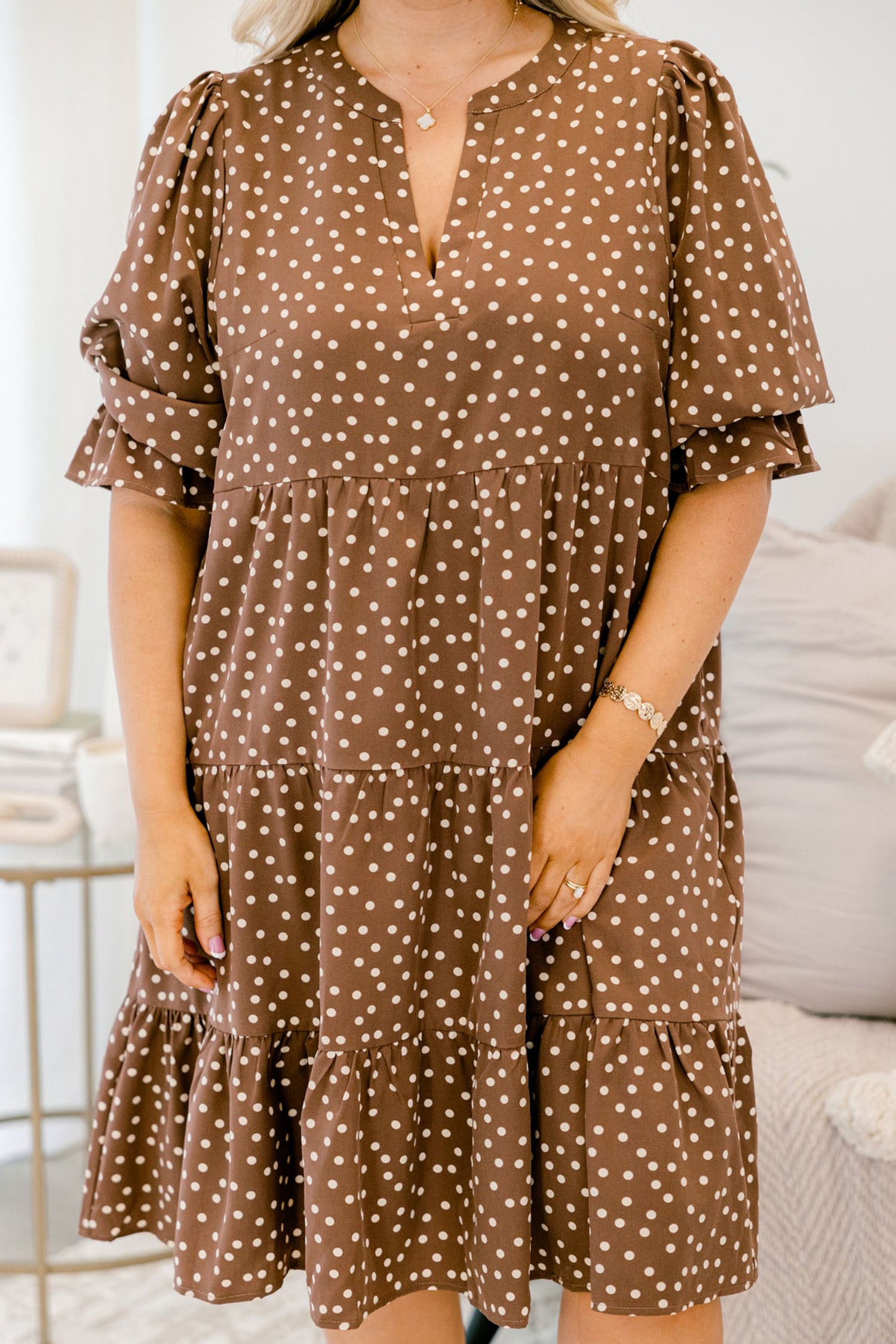 Brown V Neck Polka Dot Long Sleeve Shift Plus Size Dress