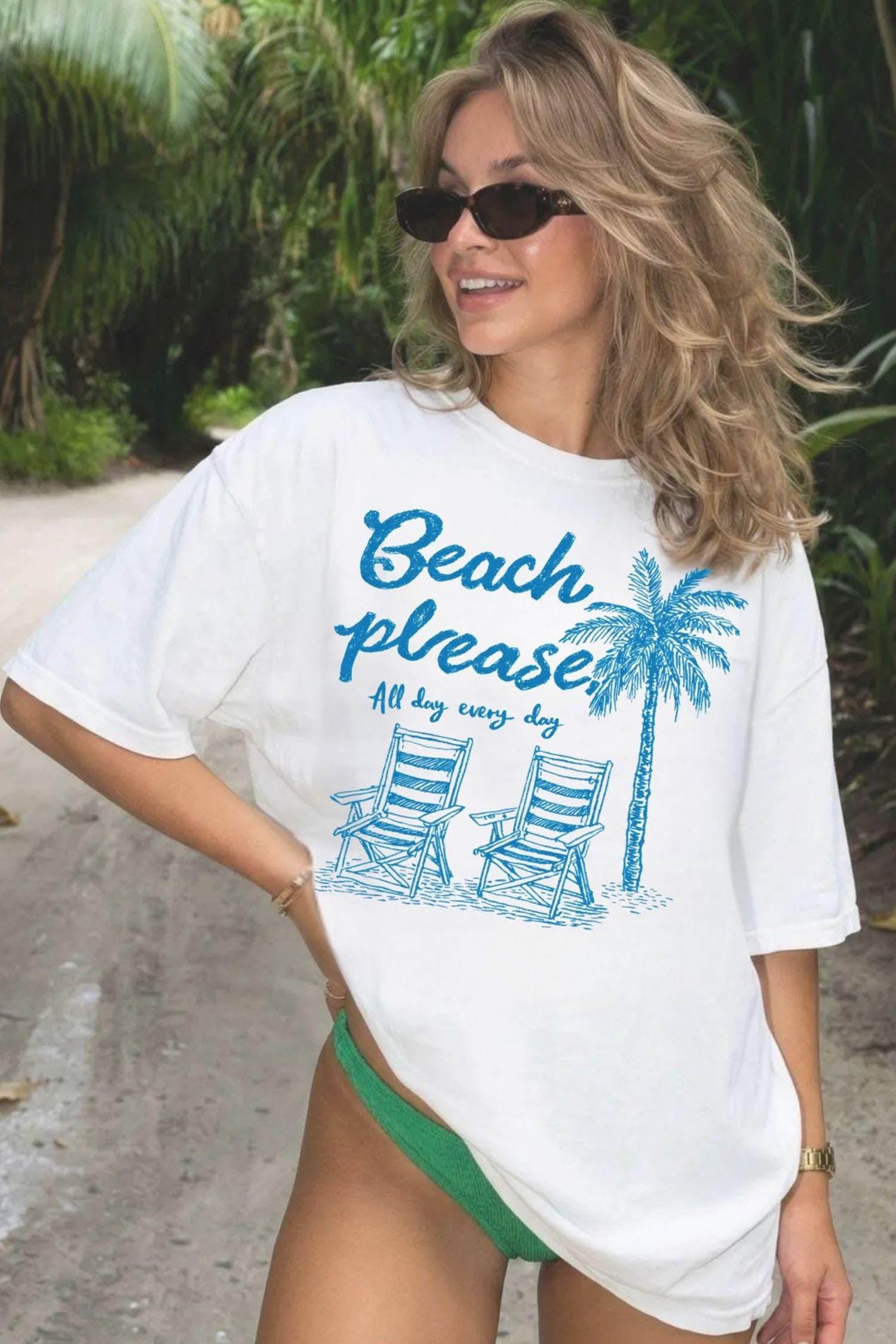 White Beach Vacation Theme Printed Loose Tee