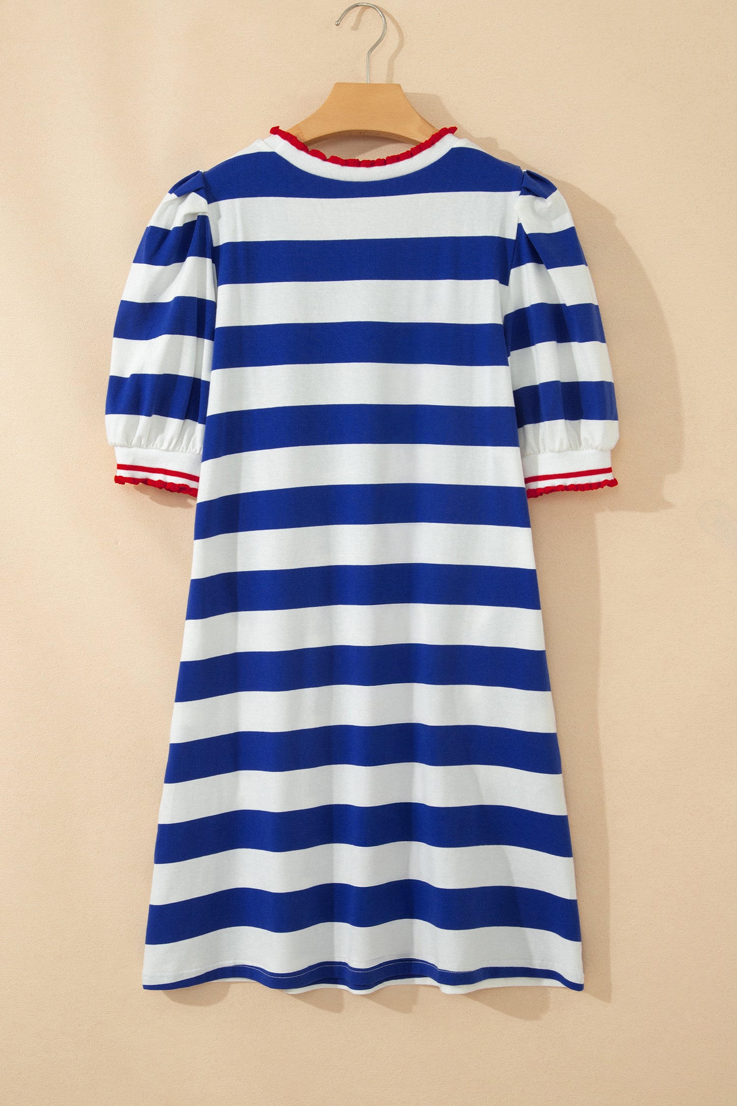 Blue Stripe Contrast Trim Round Neck Short Puff Sleeve Shift Mini Dress