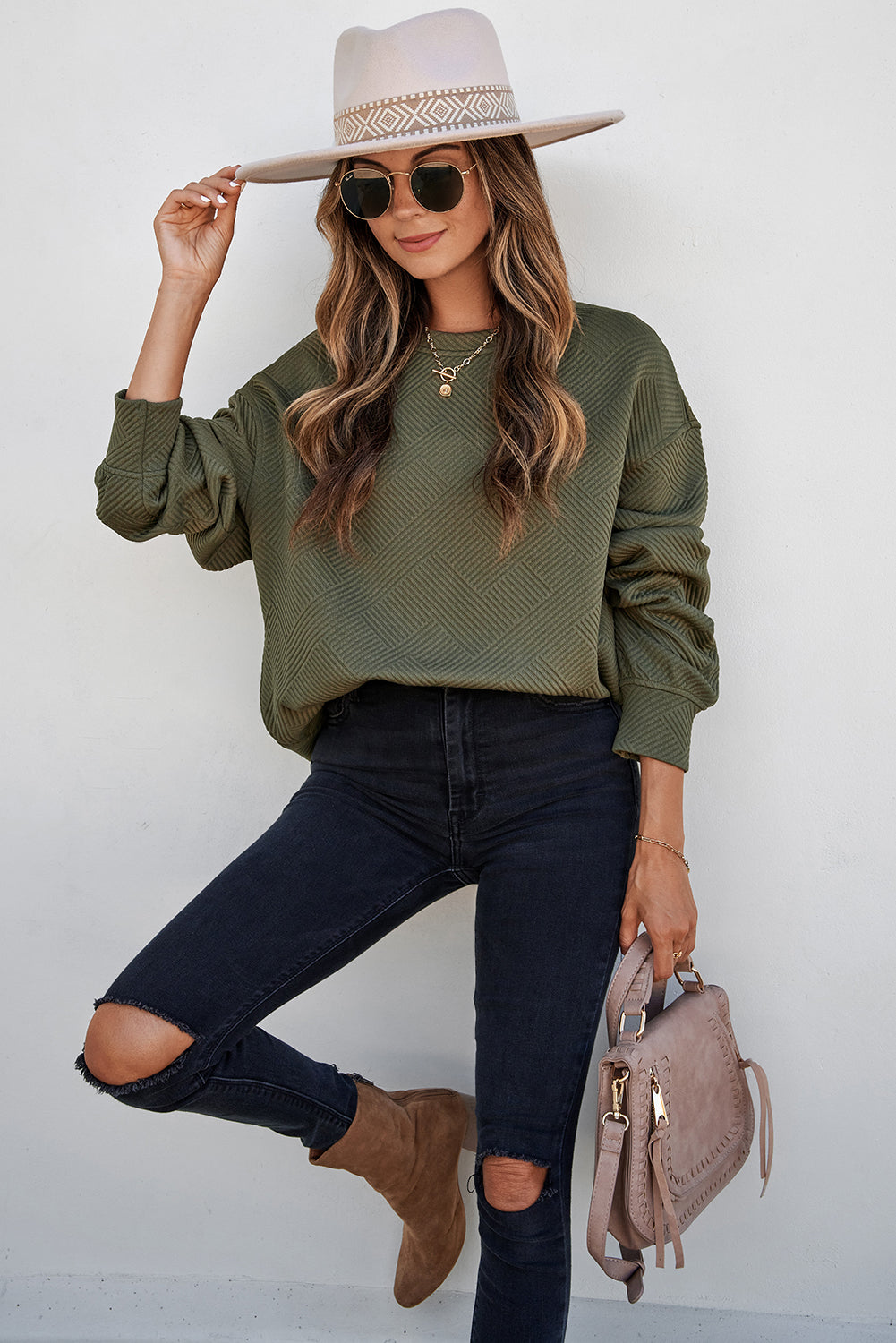 Jungle Green Solid Color Textured Round Neck Drop Shoulder Pullover Sweatshirt