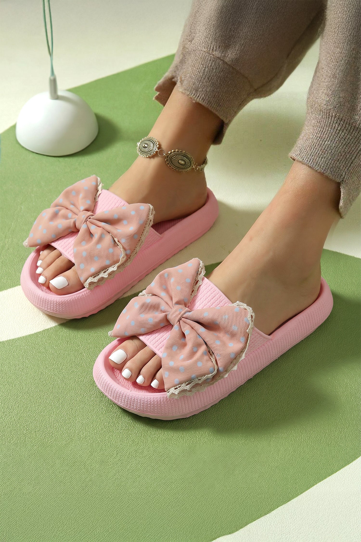 Pink Lace Trim Polka Dot Bowknot Casual EVA Slippers