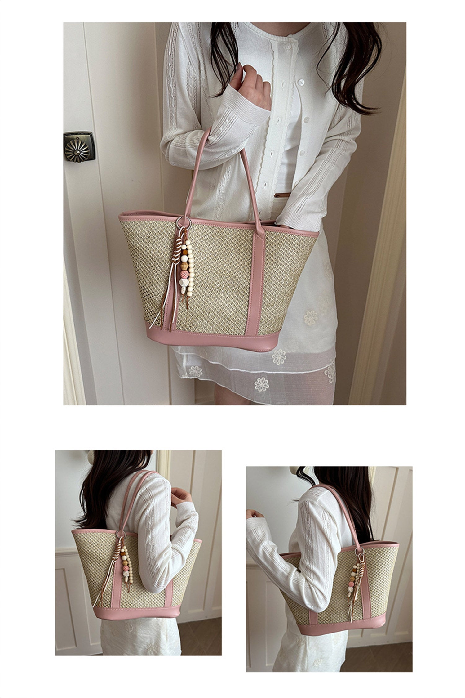 Pink Straw Woven Crochet Contrast Leather Trim Boho Tote Bag