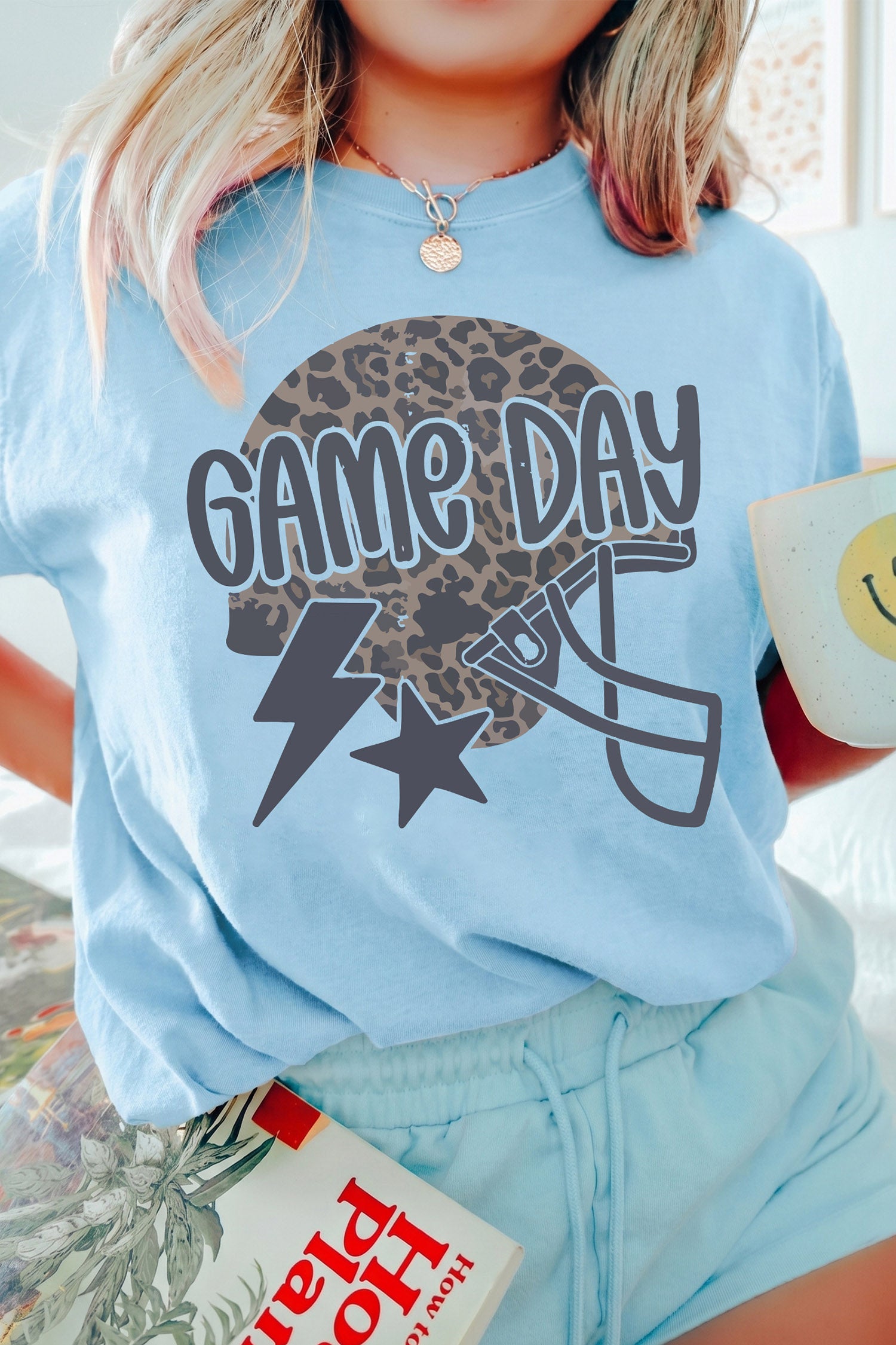 Light Blue Leopard Print Lightning Star Helmet Graphic Game Day T Shirt