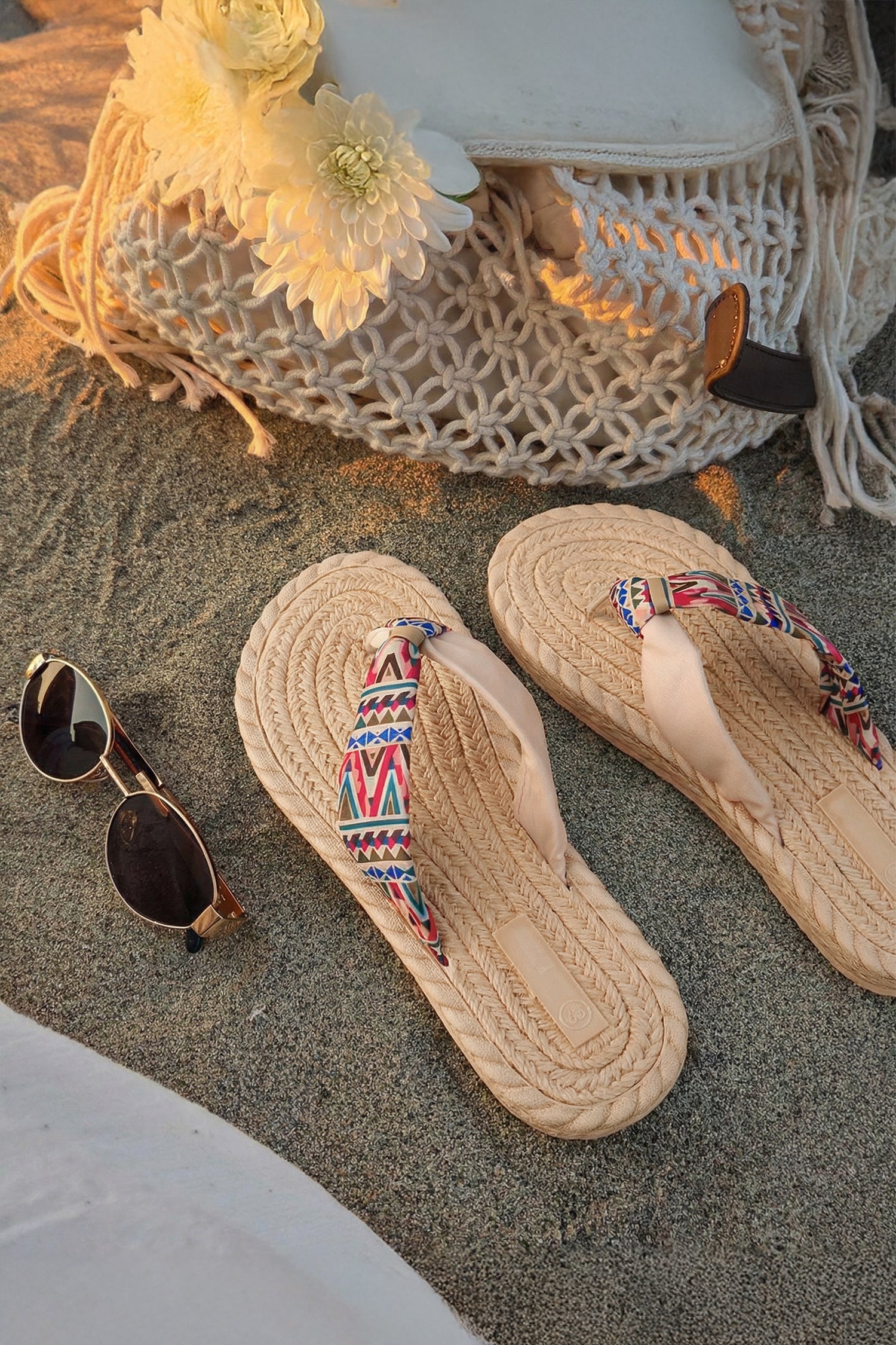 Parchment Boho Woven Texture Contrast Straps Flat Flip Flops