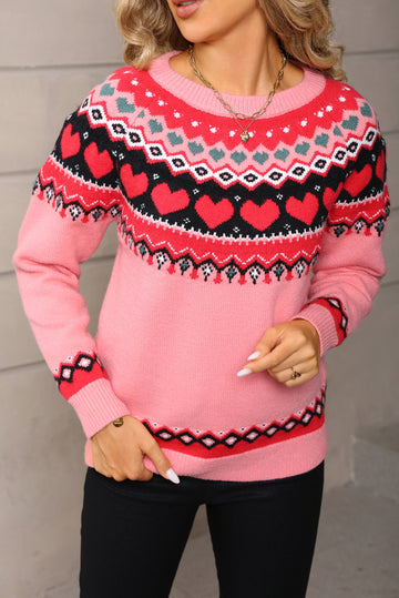 Pink Christmas Geometry Sweet Heart Print Womens Sweater